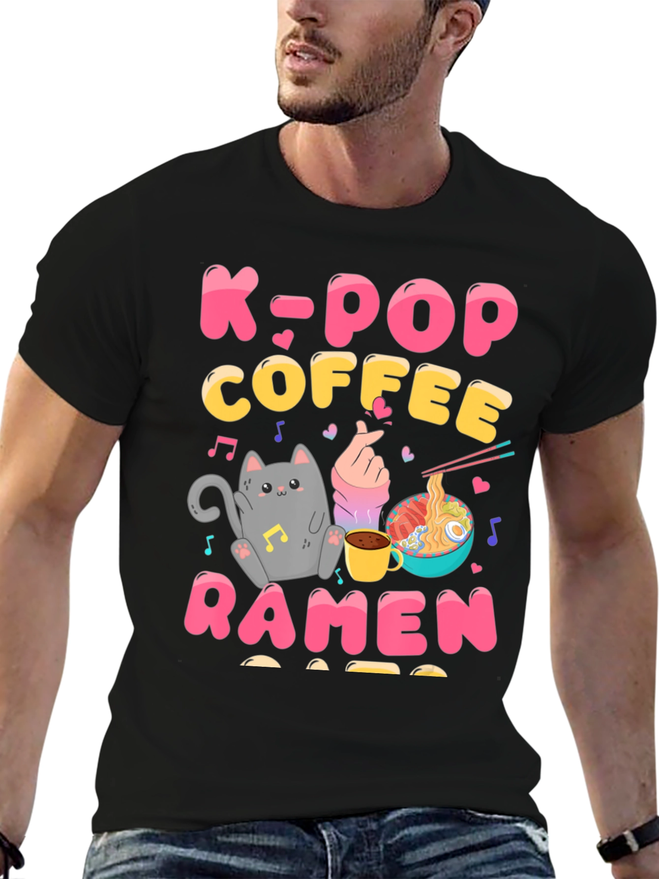 K-POP Coffee Ramen Graphic Tee - Cute Cat