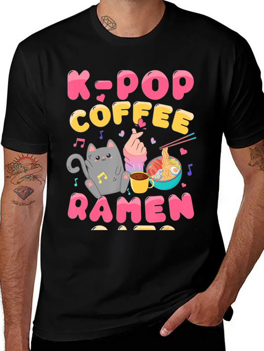 K-POP Coffee Ramen Graphic Tee - Cute Cat