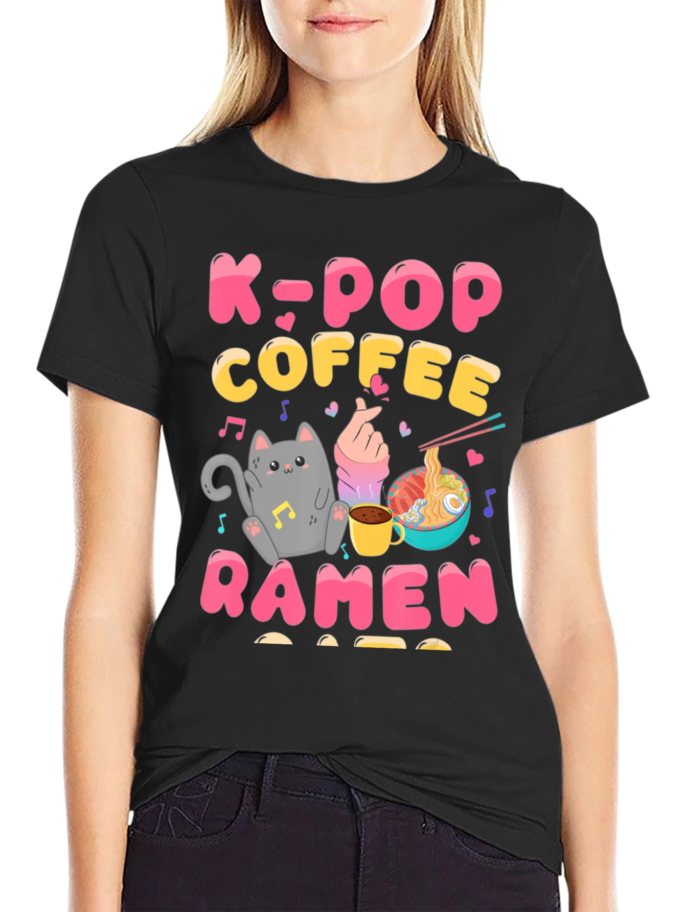 K-POP Coffee Ramen Graphic Tee - Cute Cat