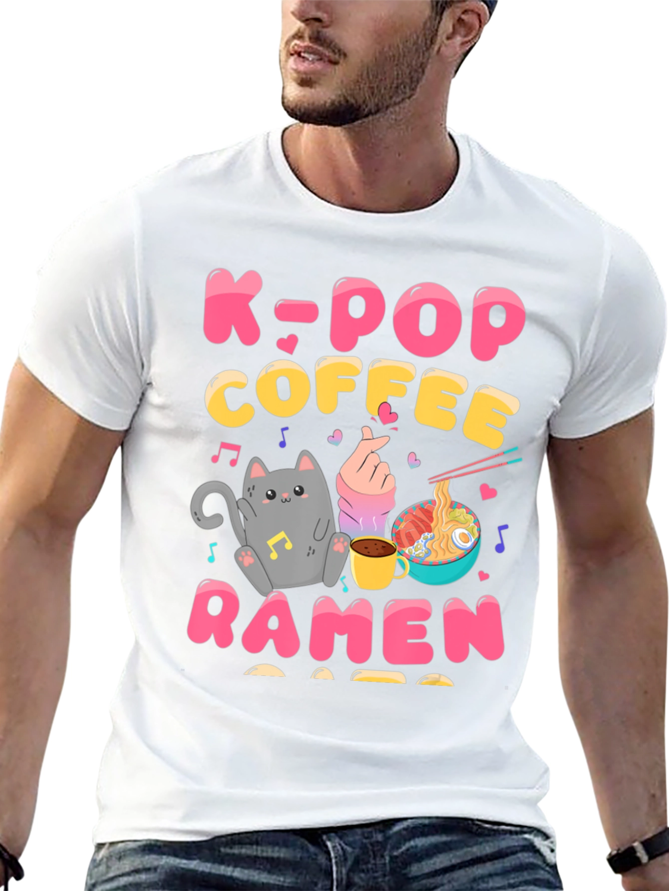 K-POP Coffee Ramen Graphic Tee - Cute Cat
