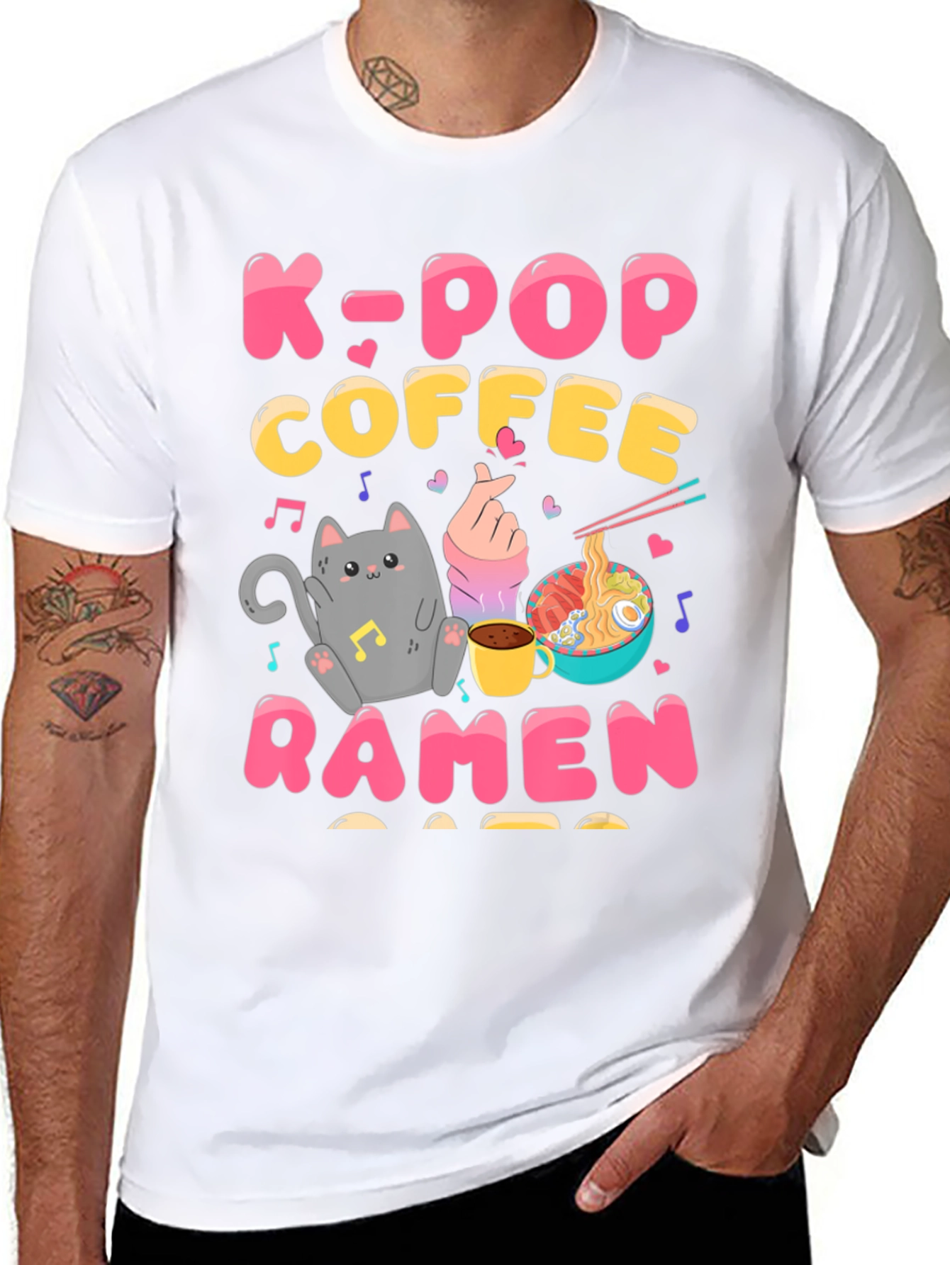 K-POP Coffee Ramen Graphic Tee - Cute Cat