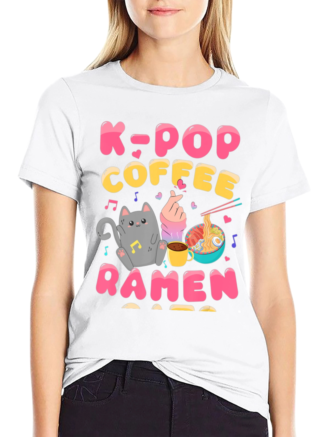 K-POP Coffee Ramen Graphic Tee - Cute Cat