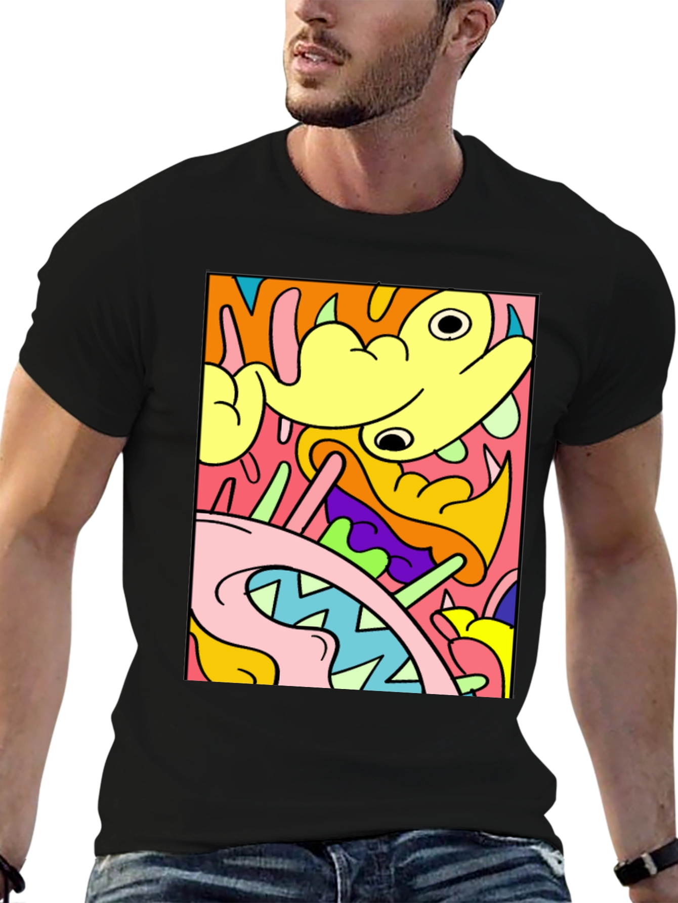 Abstract Cartoon Graphic T-Shirt - Bold Black Tee