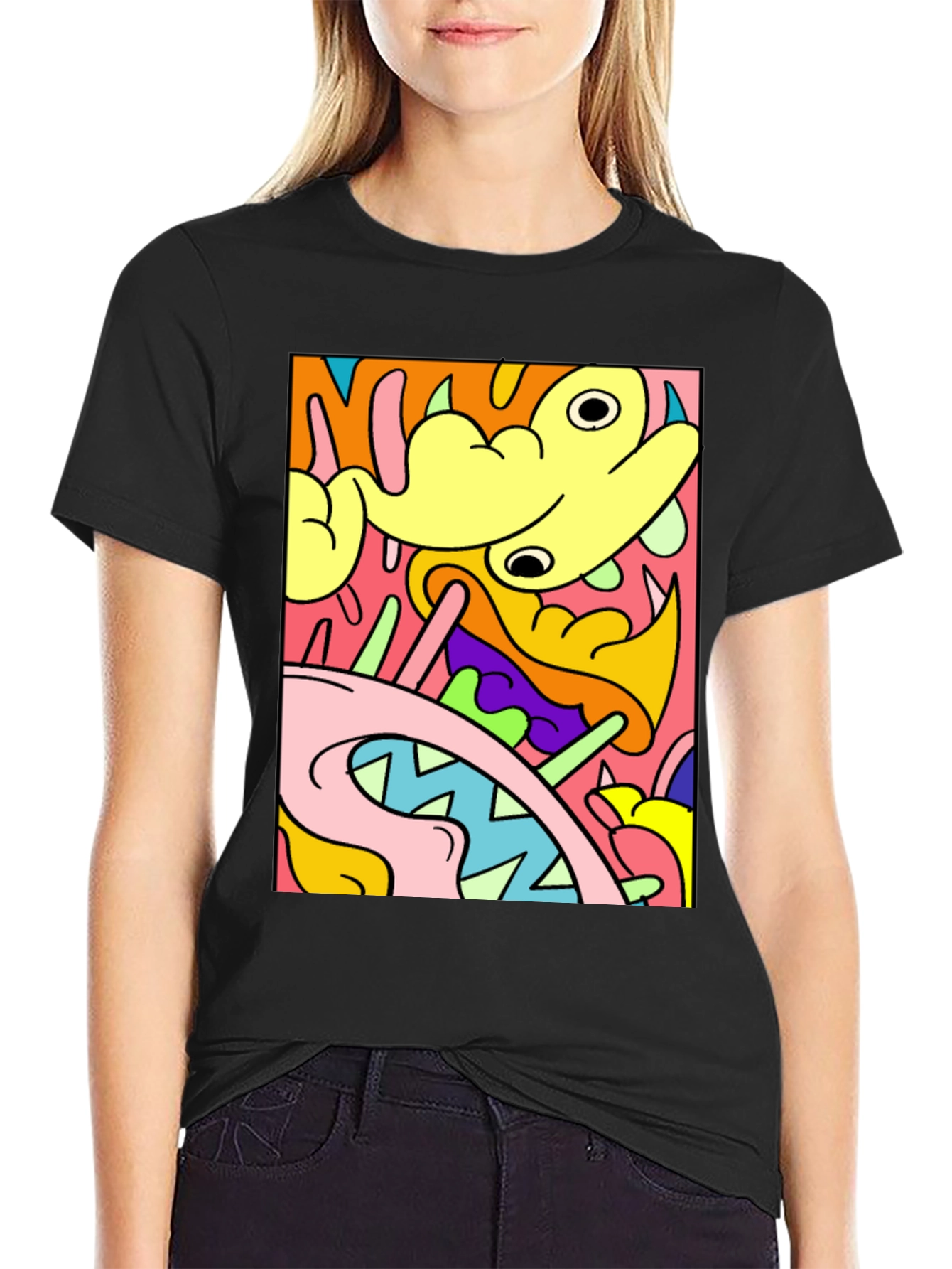 Abstract Cartoon Graphic T-Shirt - Bold Black Tee