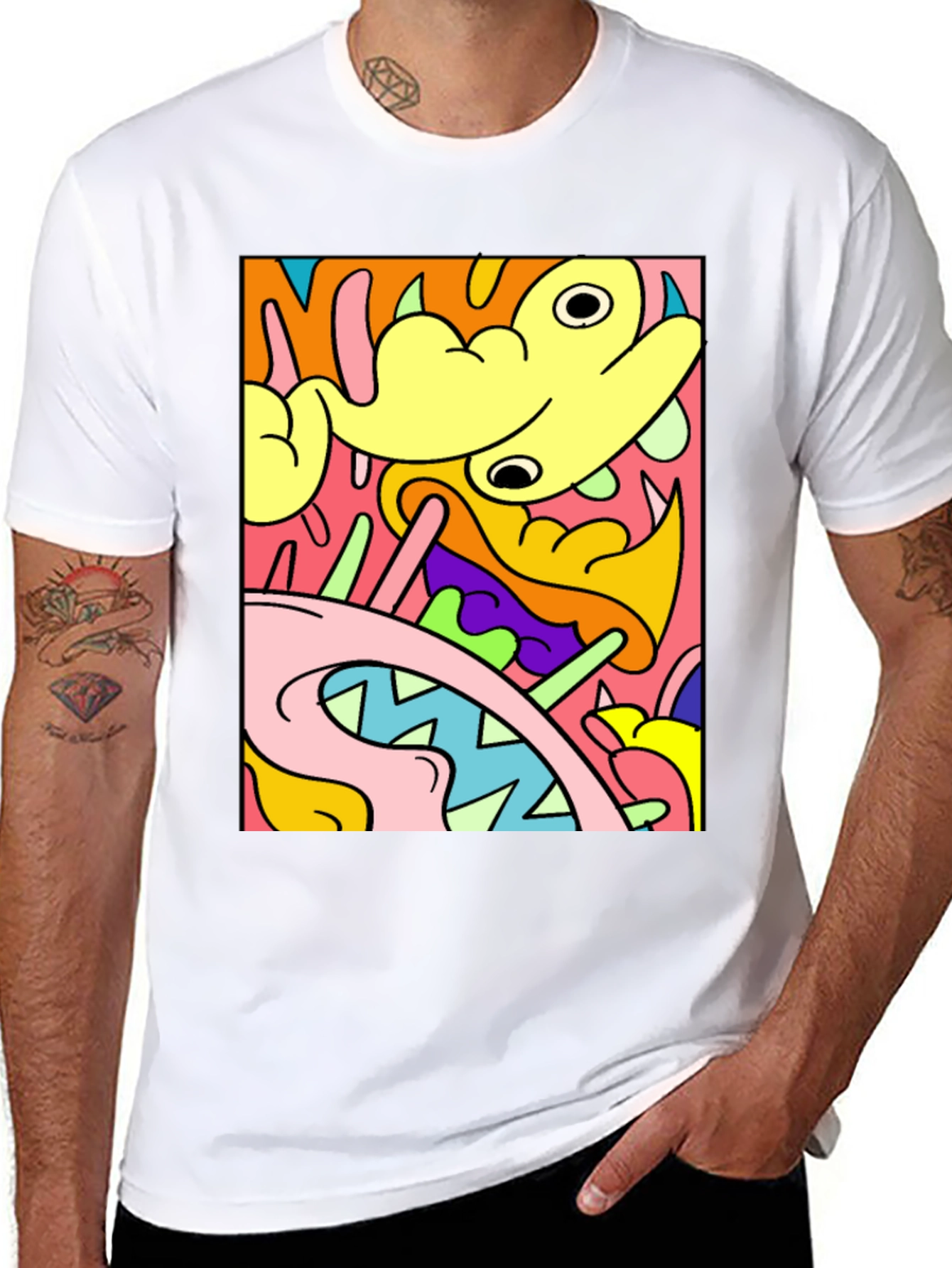 Abstract Cartoon Graphic T-Shirt - Bold Black Tee