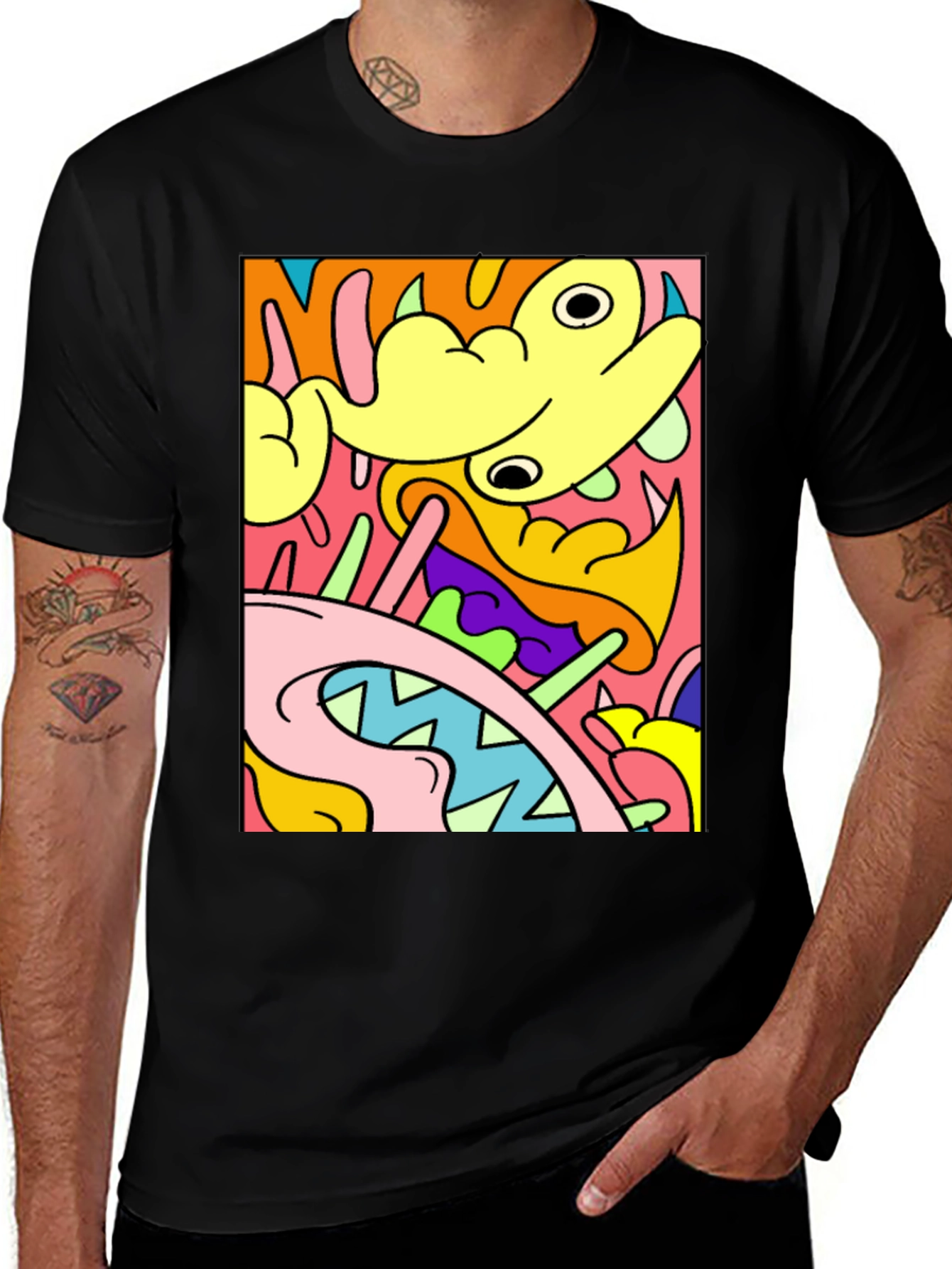 Abstract Cartoon Graphic T-Shirt - Bold Black Tee