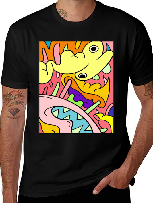 Abstract Cartoon Graphic T-Shirt - Bold Black Tee
