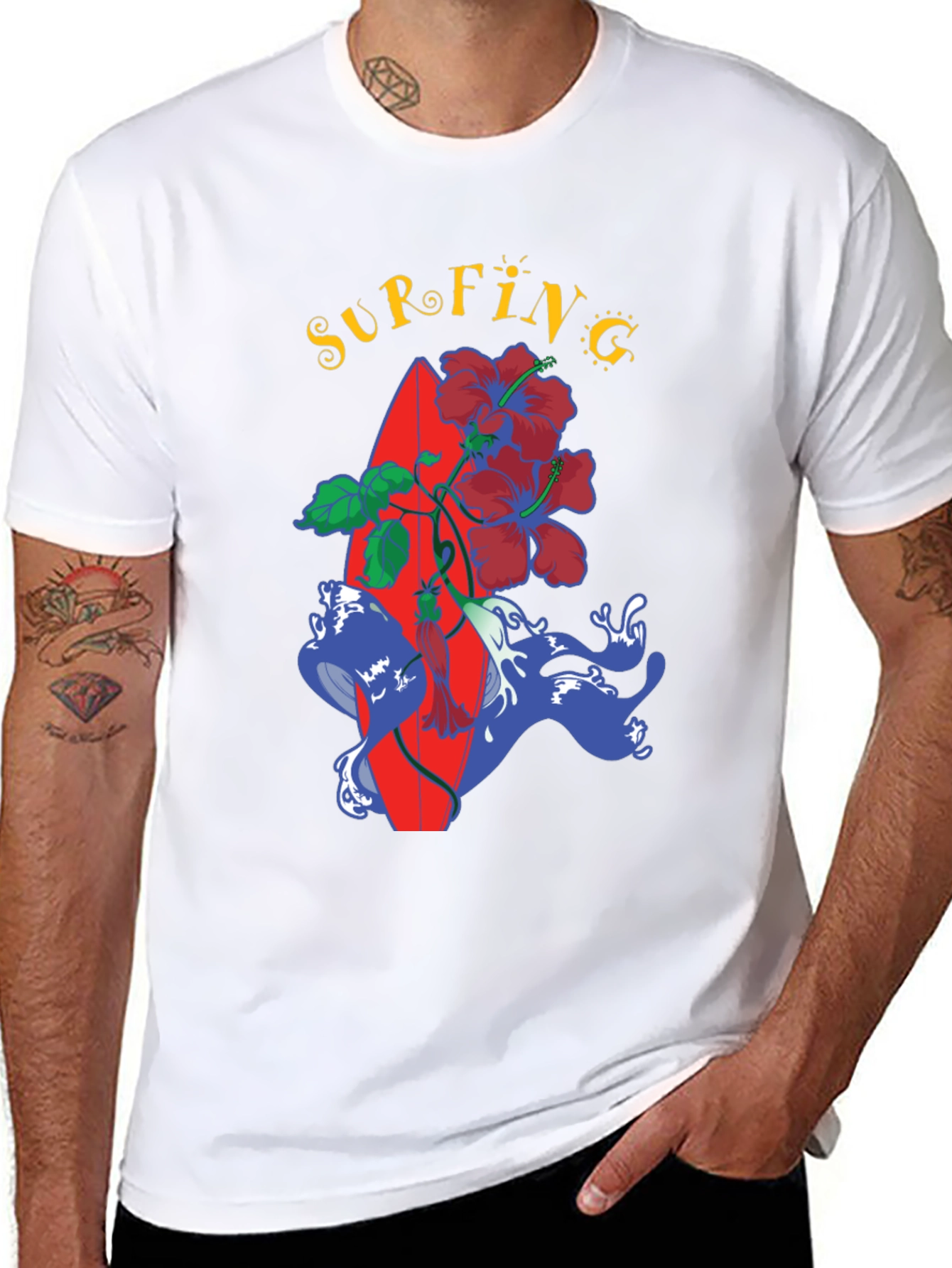 Surfing Vibes Tee - Tropical Surfboard Design