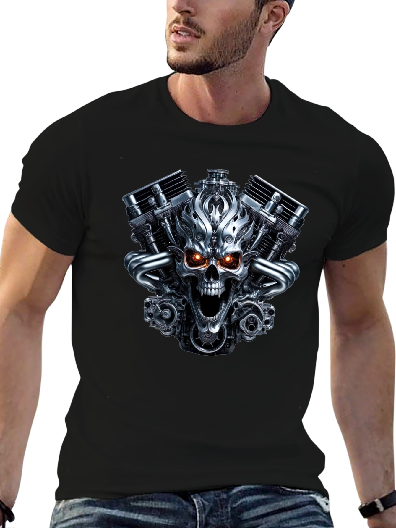 Skull Engine Graphic T-Shirt - Bold Biker Style