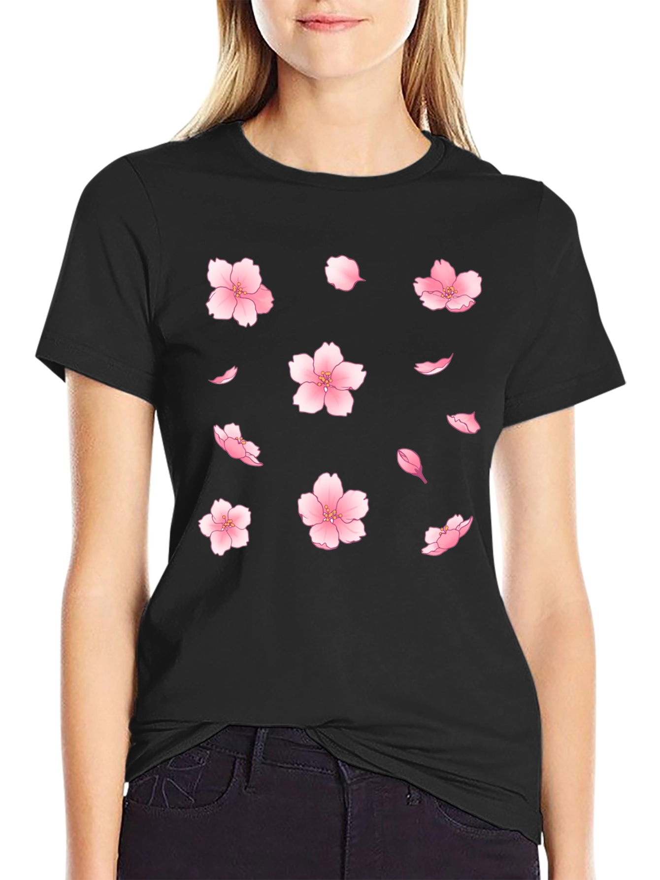 Sakura Blossom Print Black T-Shirt