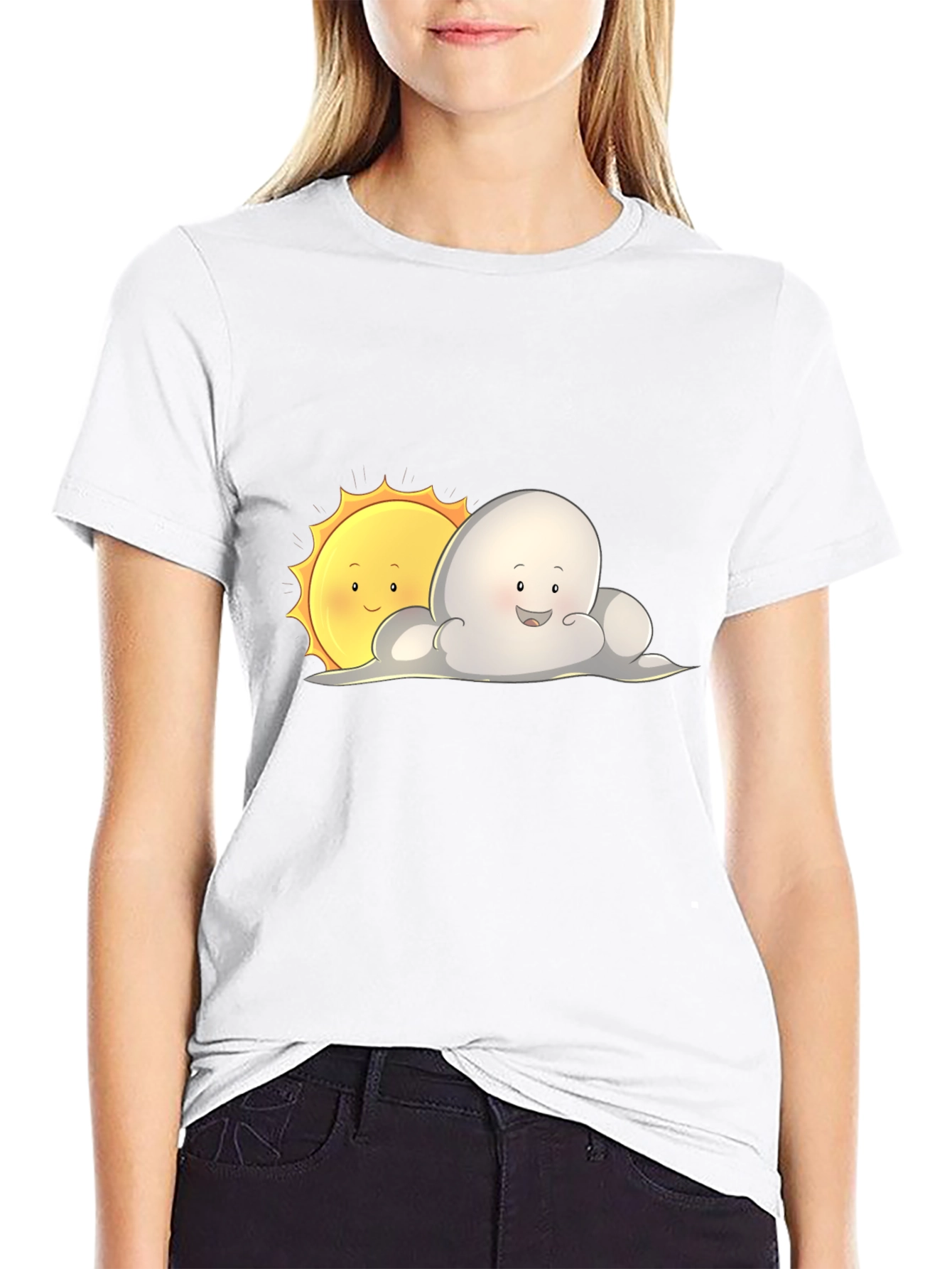 Cute Sun & Cloud Graphic Black T-Shirt