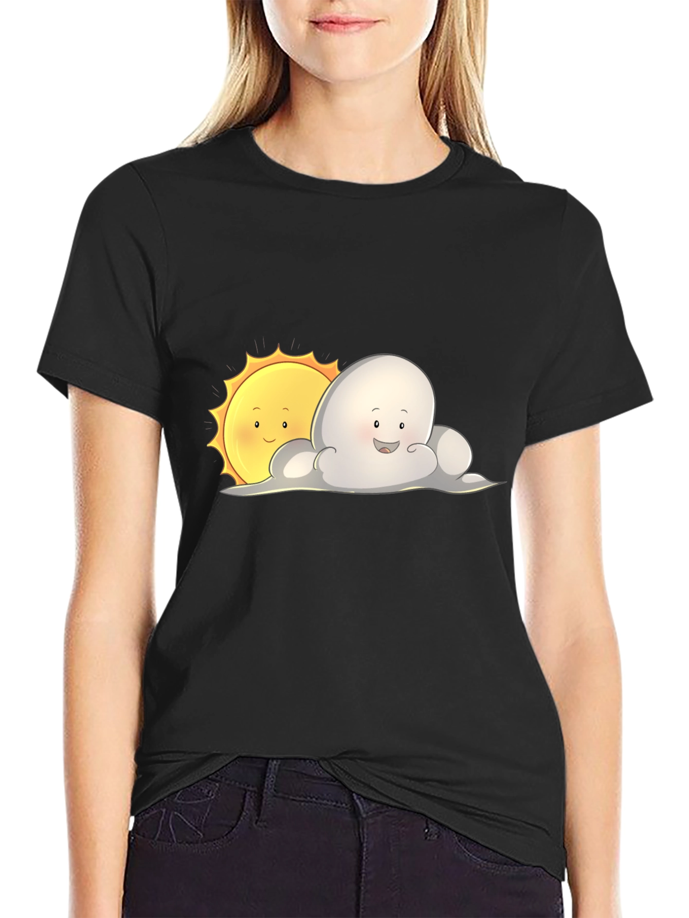 Cute Sun & Cloud Graphic Black T-Shirt