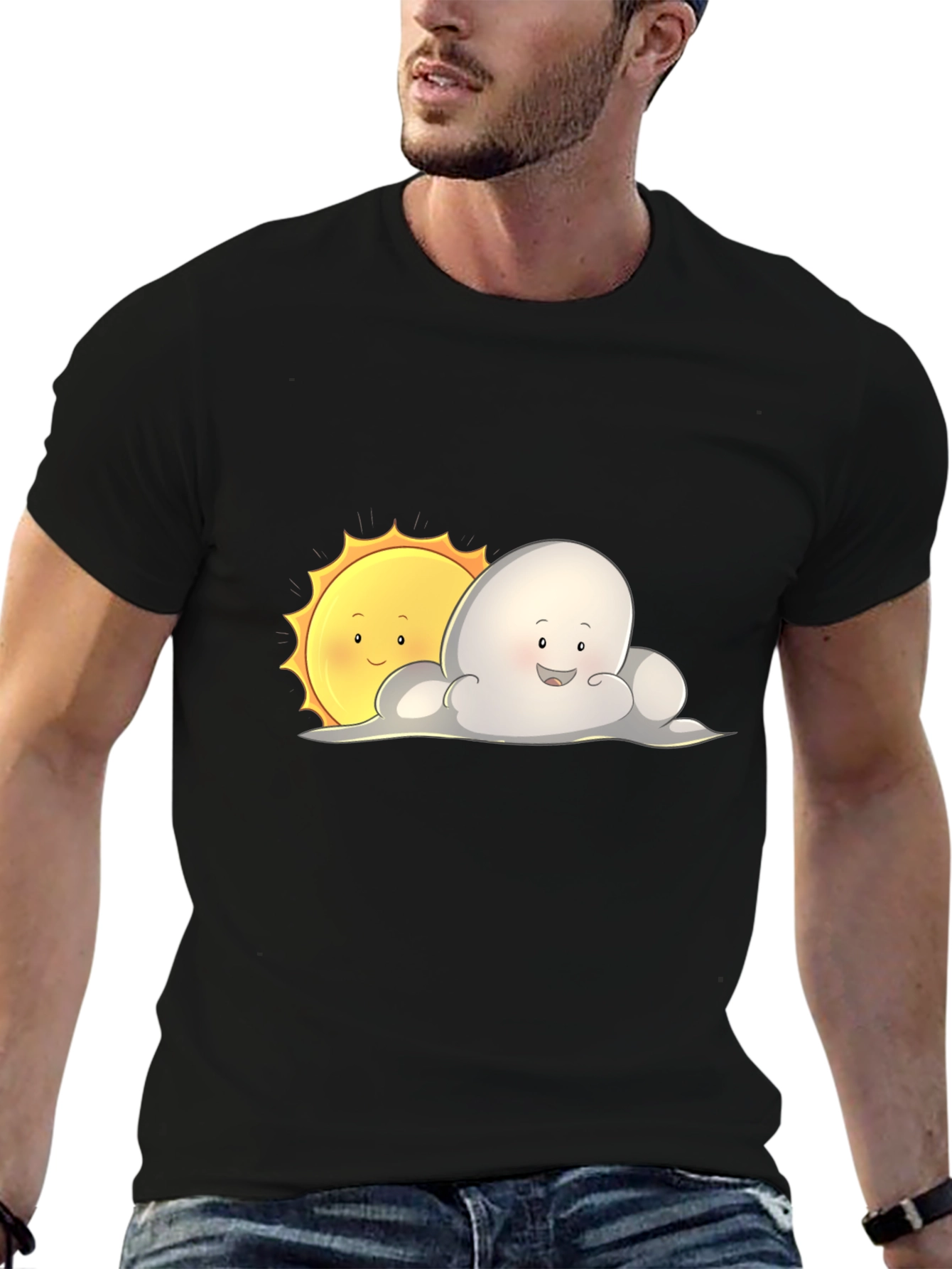 Cute Sun & Cloud Graphic Black T-Shirt