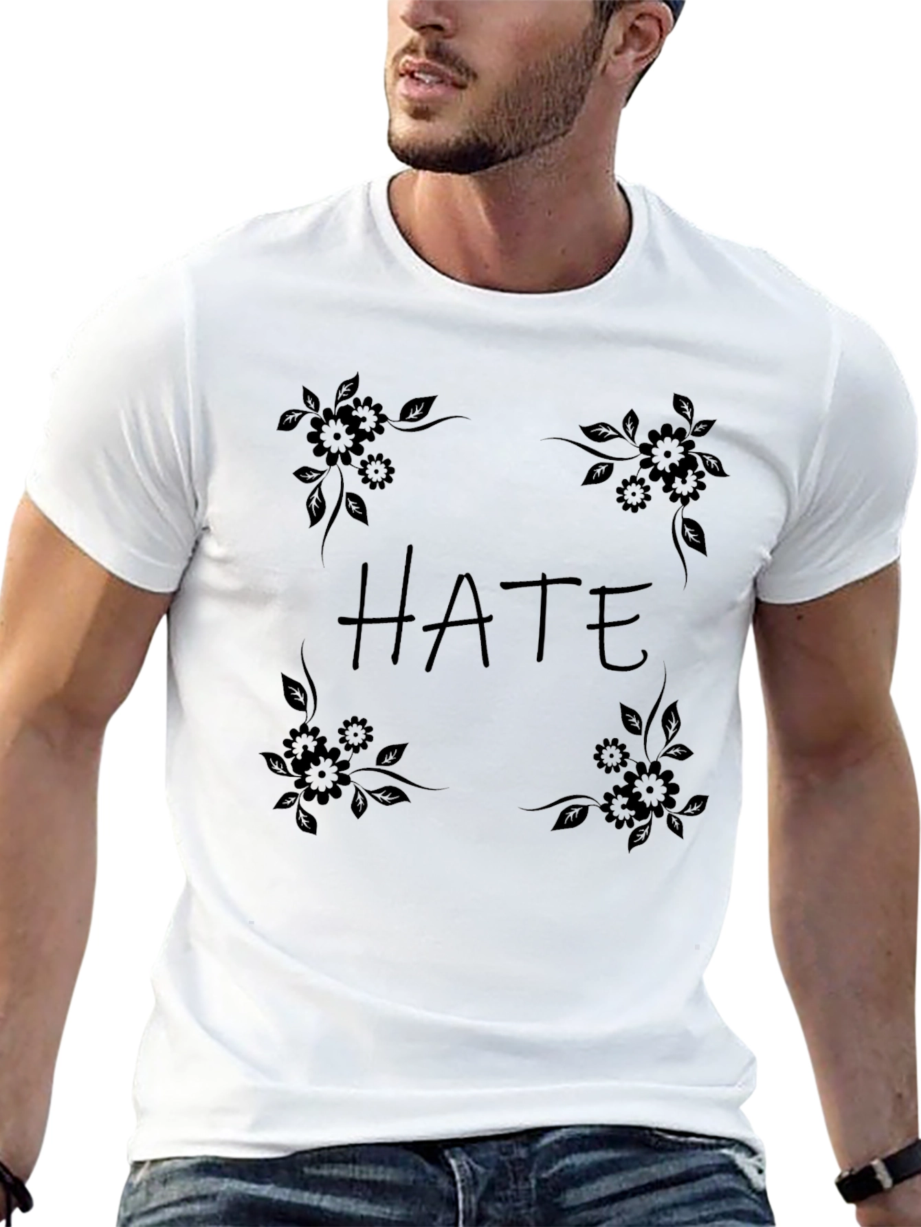 HATE Graphic Tee - Black Floral Design