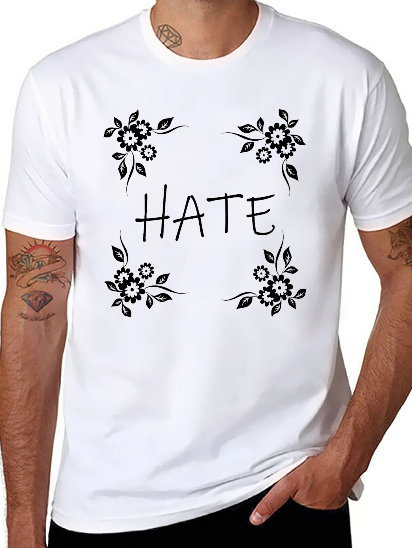 HATE Graphic Tee - Black Floral Design