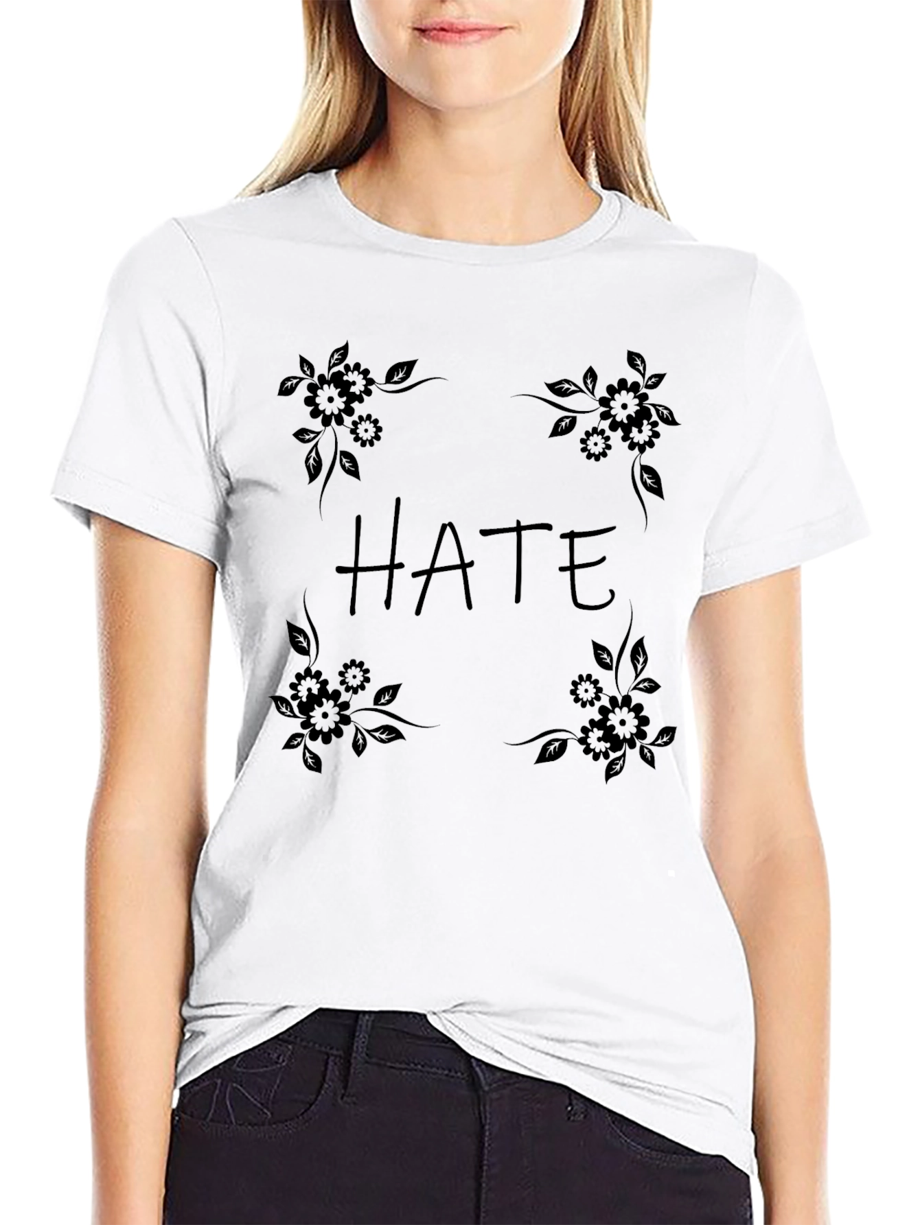 HATE Graphic Tee - Black Floral Design