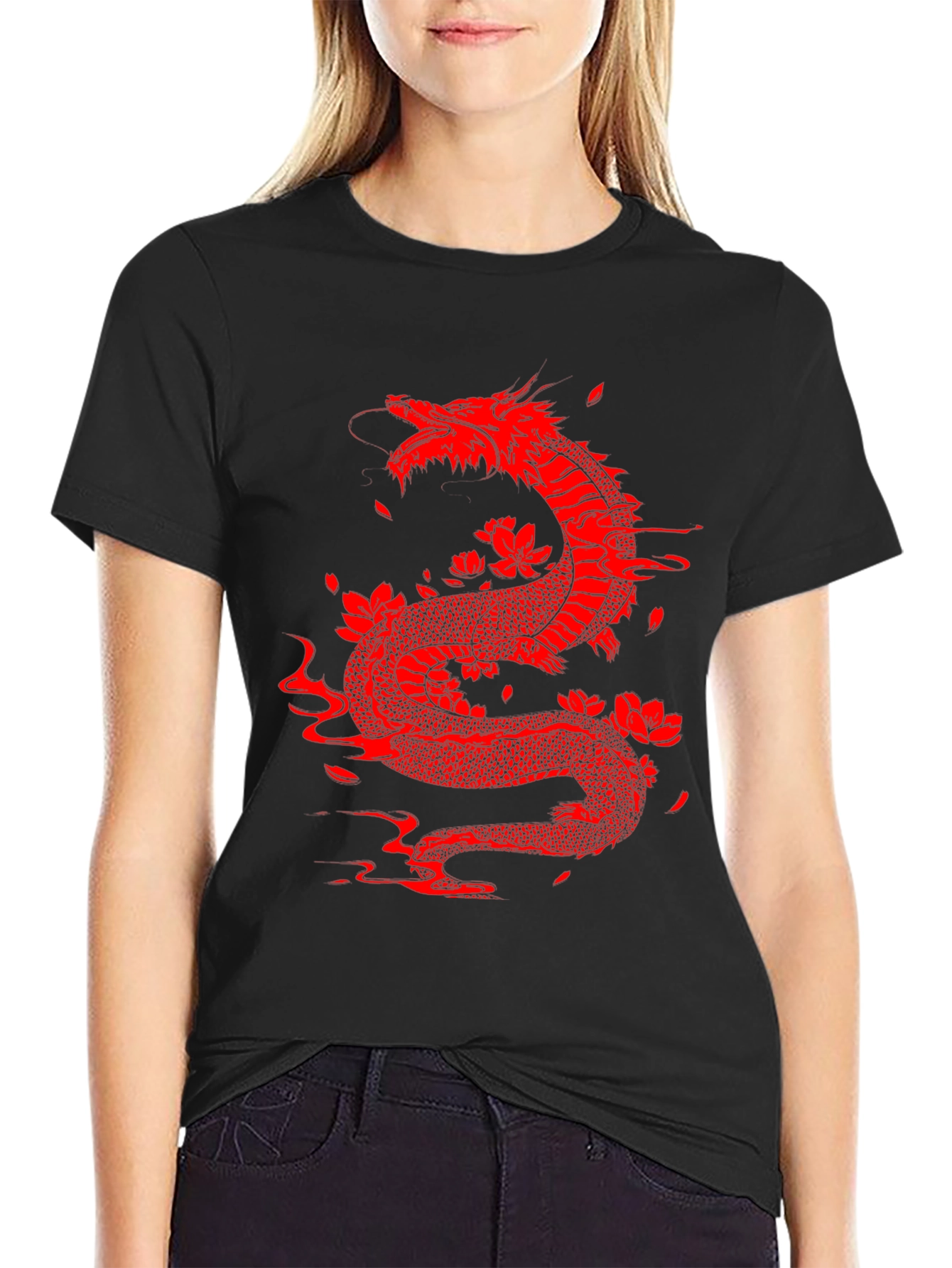 Red Dragon Graphic Tee - Black Cotton Blend Shirt