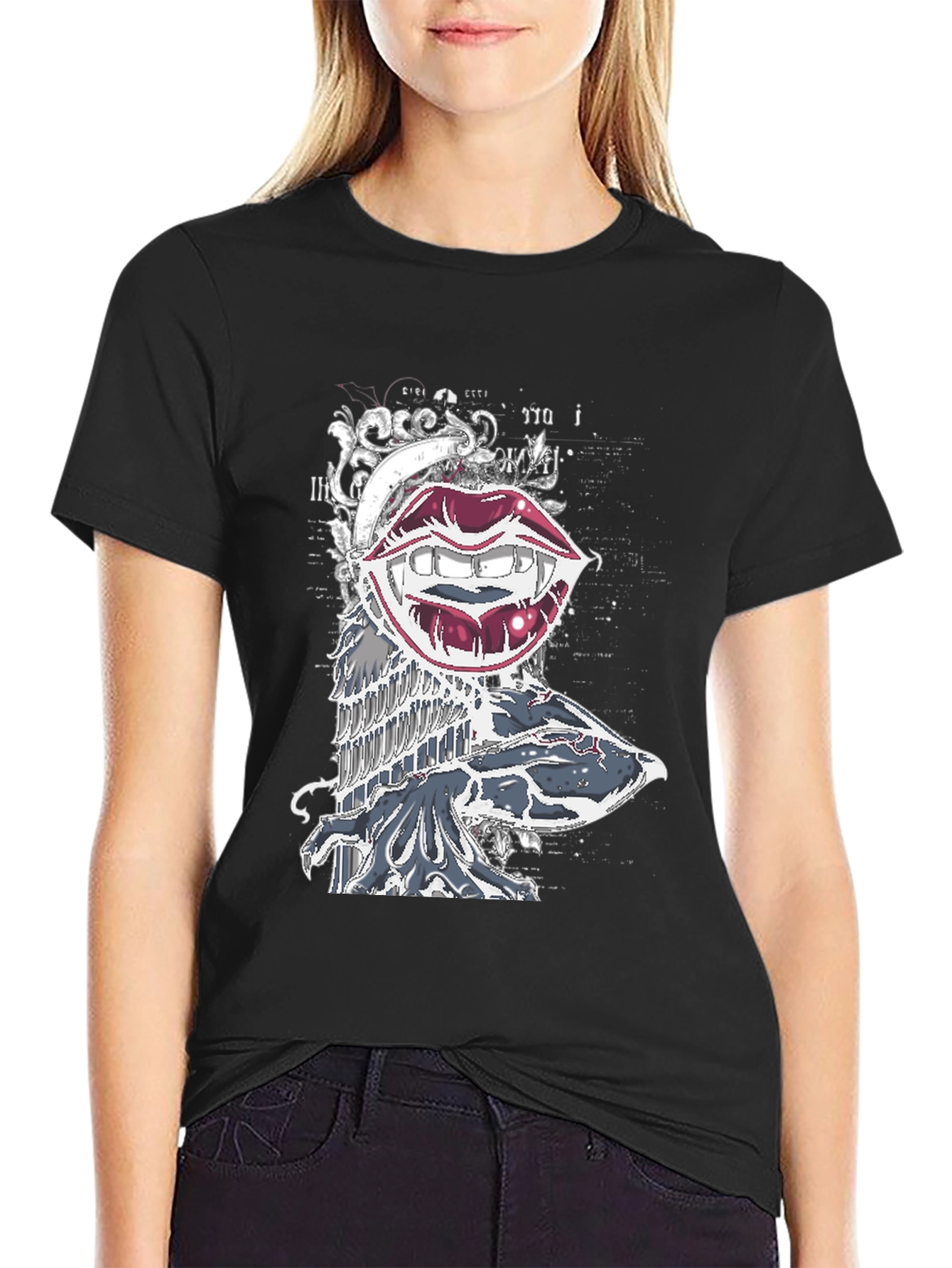 Vampire Lips Graphic Print Black T-Shirt