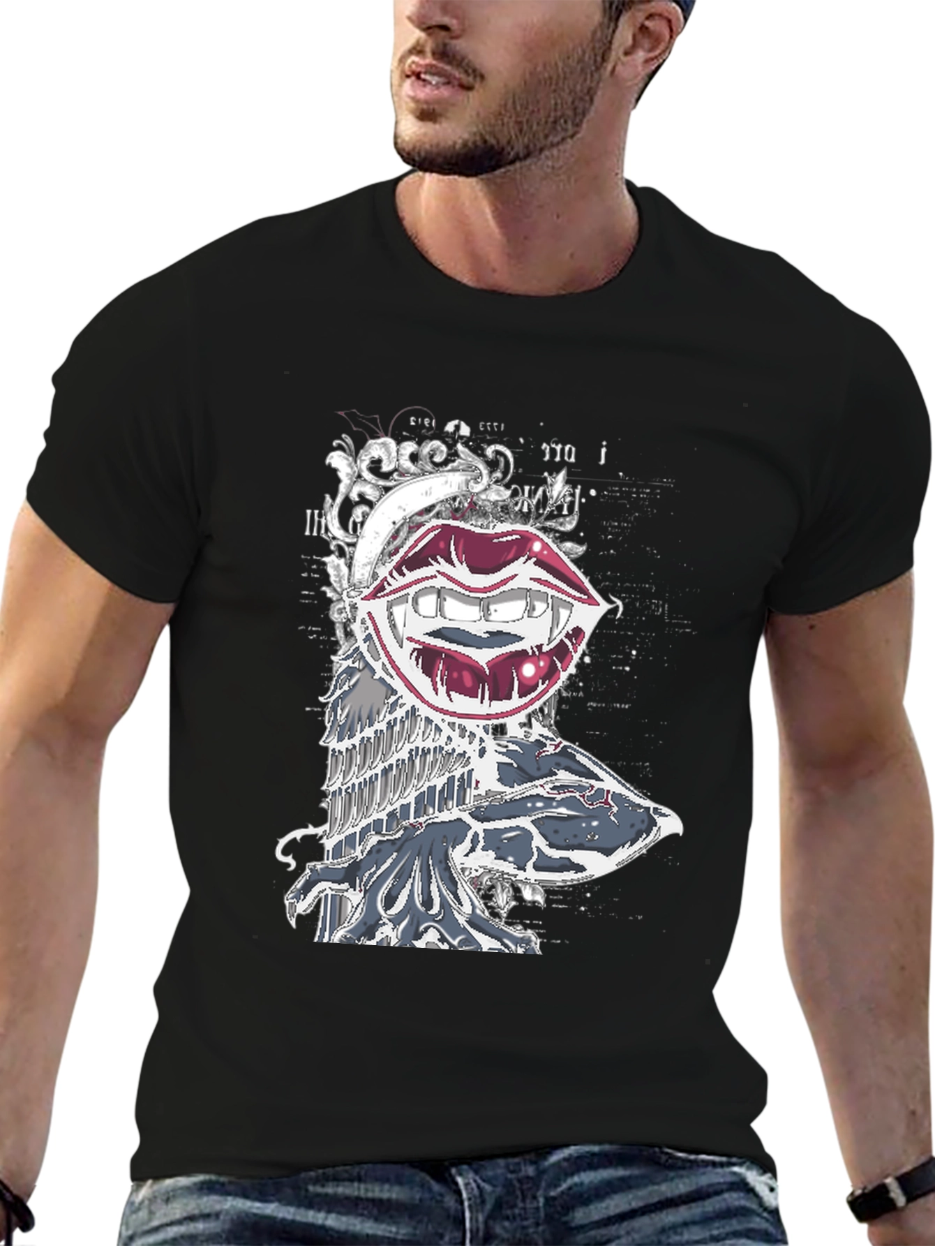 Vampire Lips Graphic Print Black T-Shirt