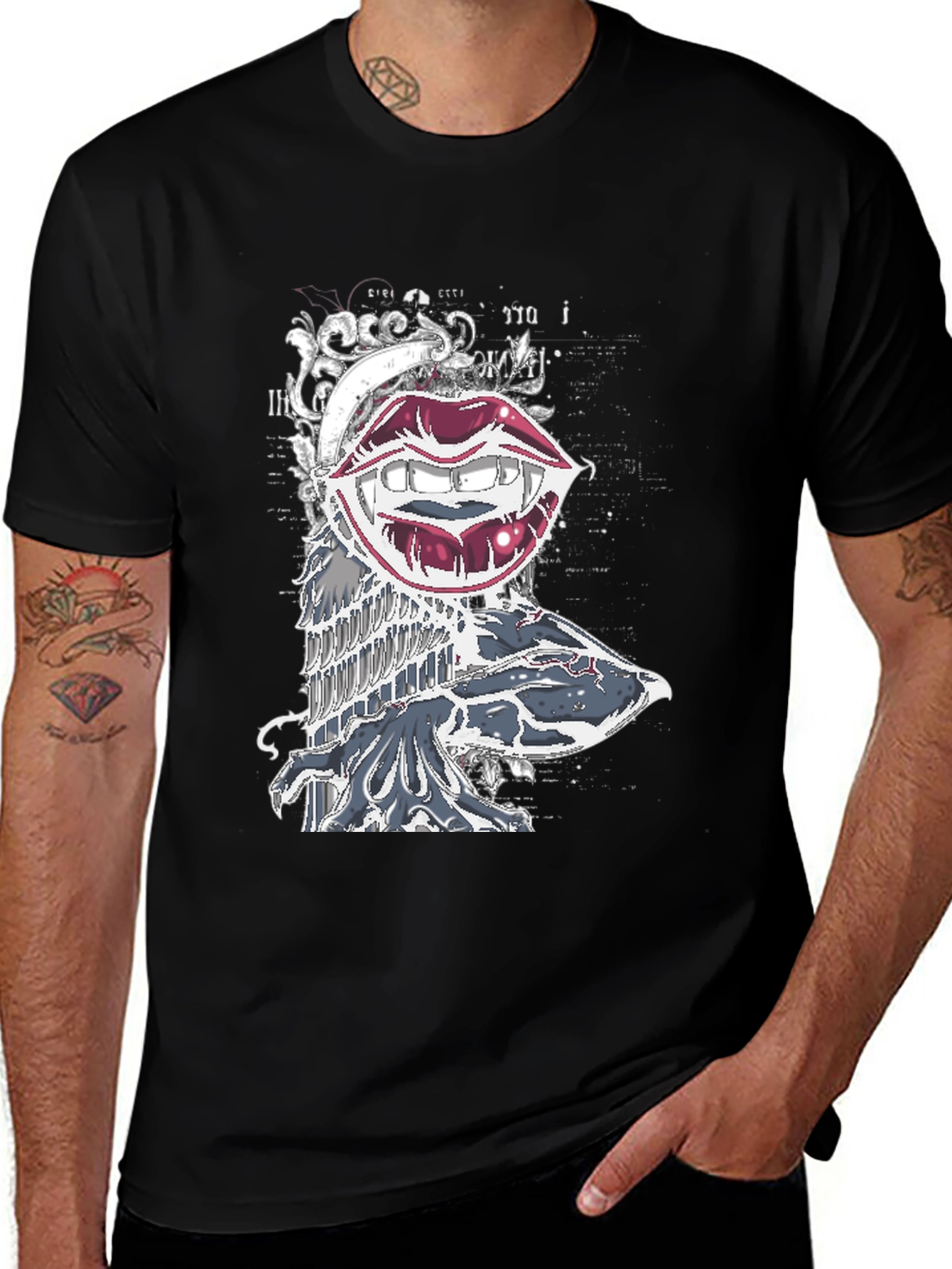 Vampire Lips Graphic Print Black T-Shirt