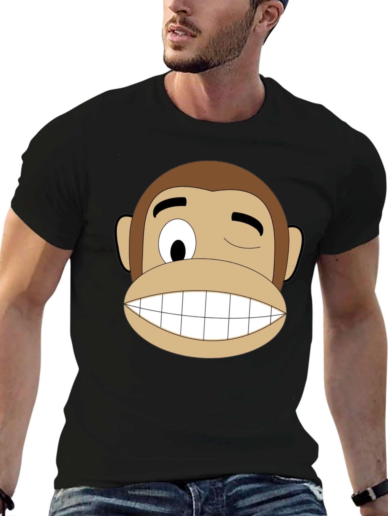 Funny Monkey Face Graphic T-Shirt - Black