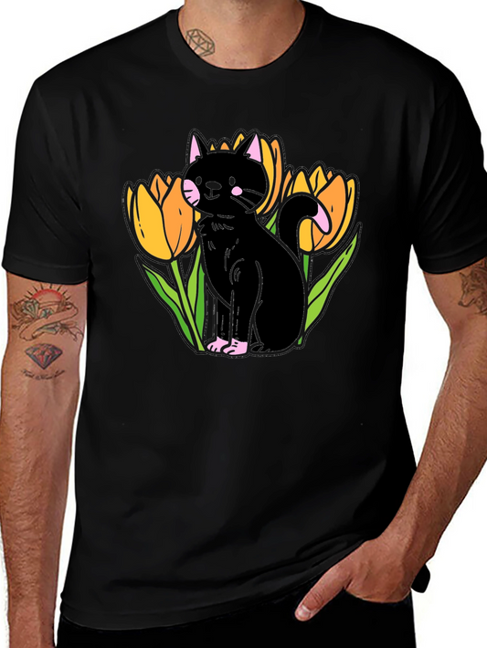 Black Cat & Tulips Graphic T-Shirt - Stylish Casual Wear