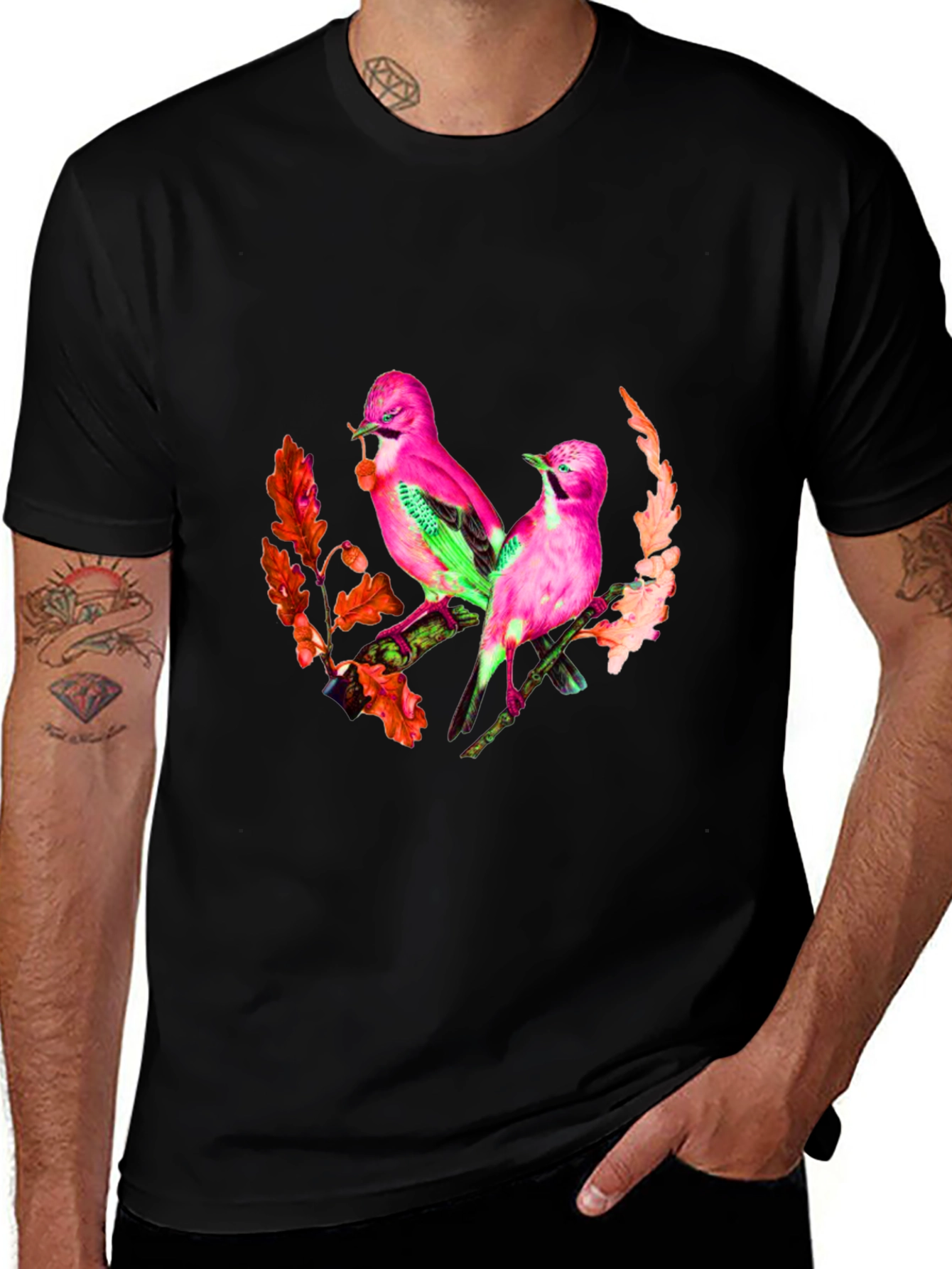 Pink Birds Graphic Print Black T-Shirt