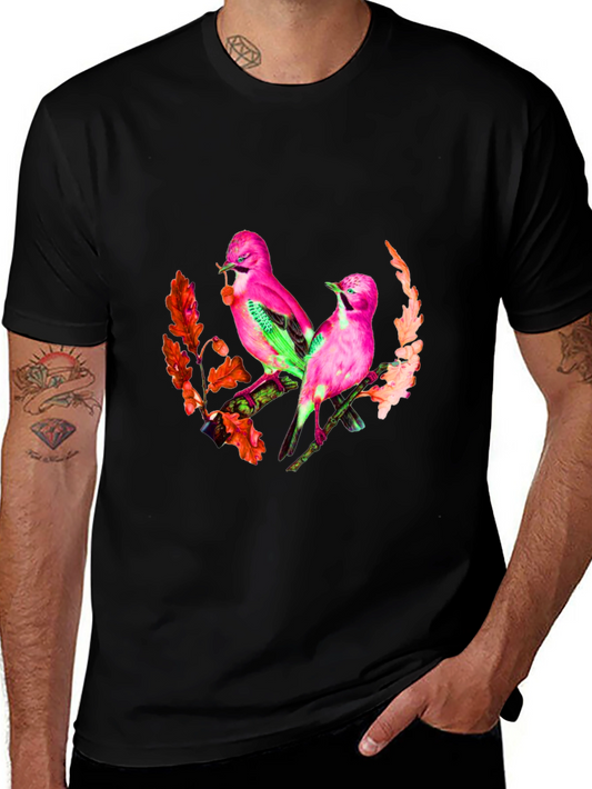 Pink Birds Graphic Print Black T-Shirt