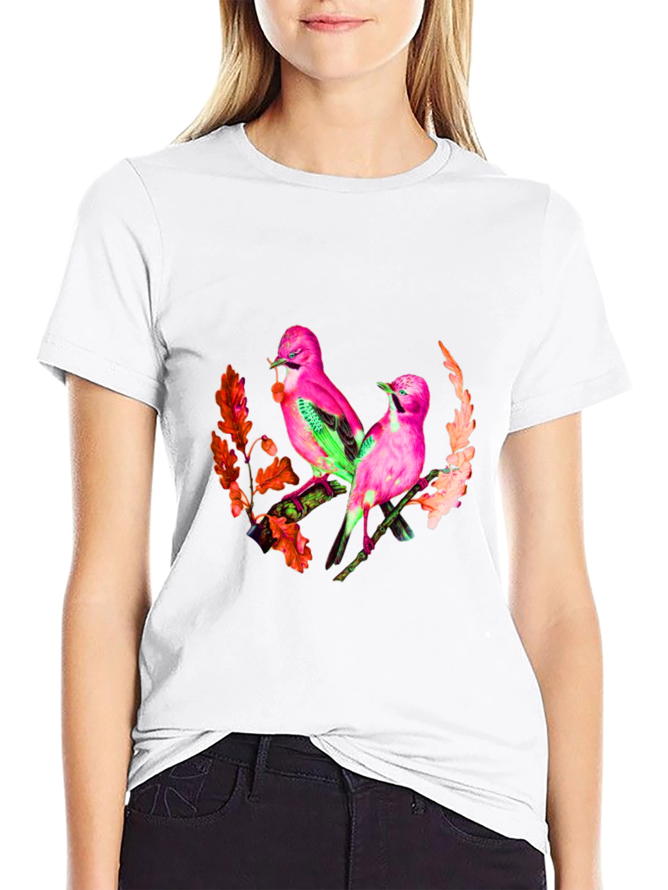 Pink Birds Graphic Print Black T-Shirt