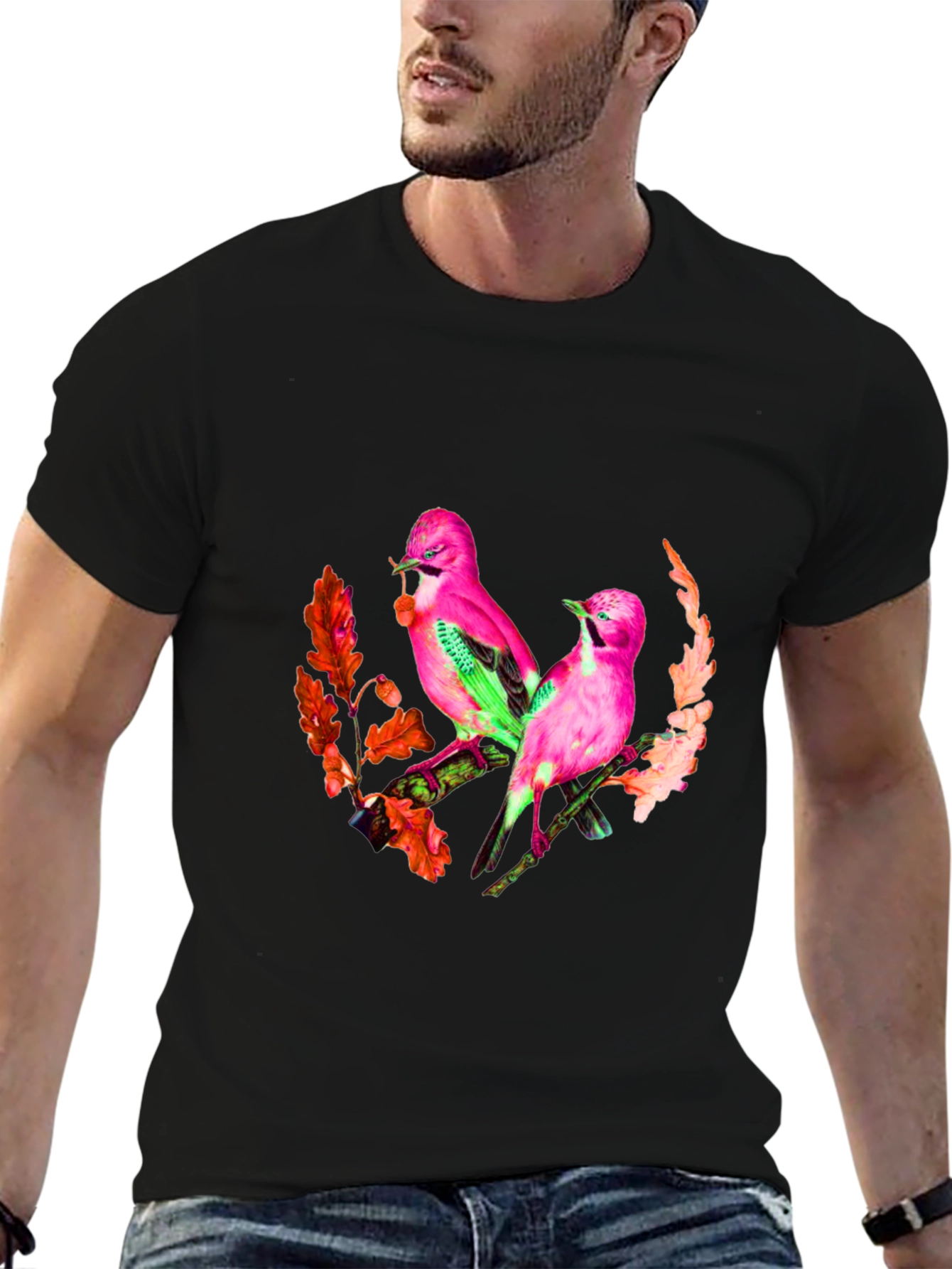 Pink Birds Graphic Print Black T-Shirt