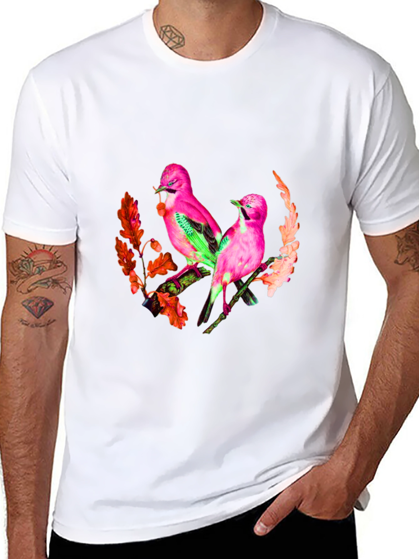 Pink Birds Graphic Print Black T-Shirt
