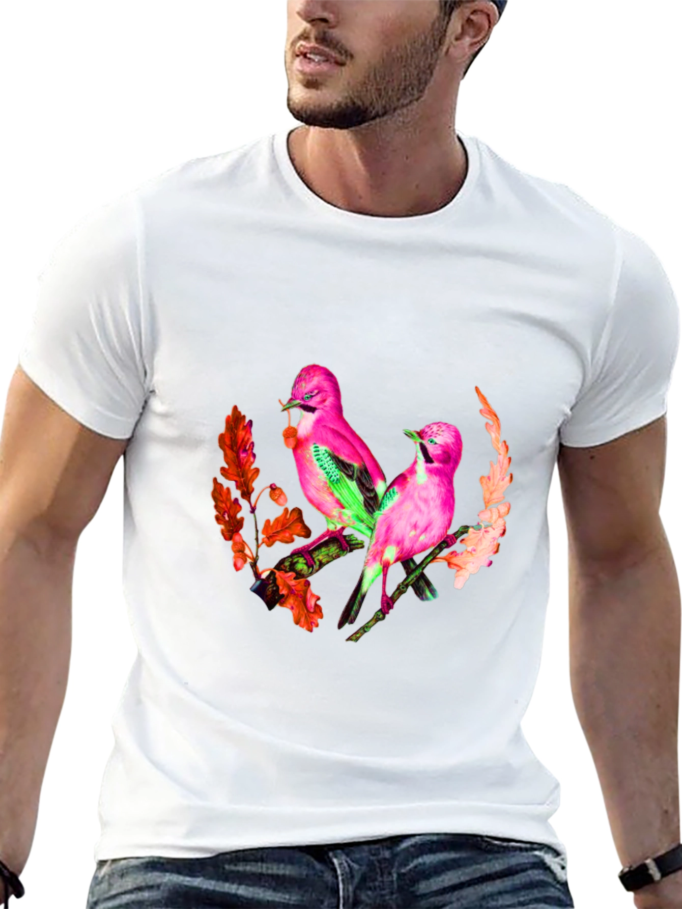 Pink Birds Graphic Print Black T-Shirt