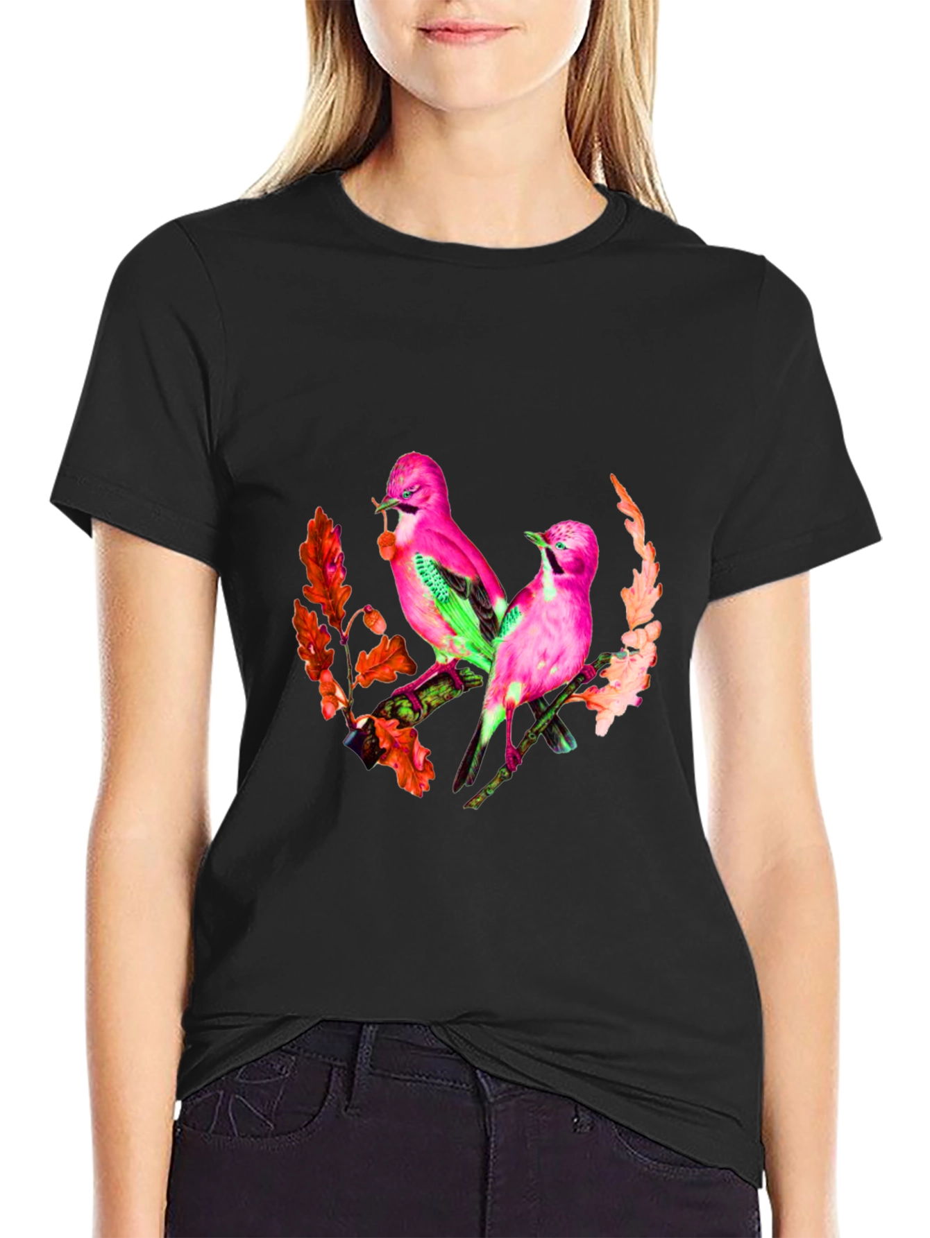 Pink Birds Graphic Print Black T-Shirt