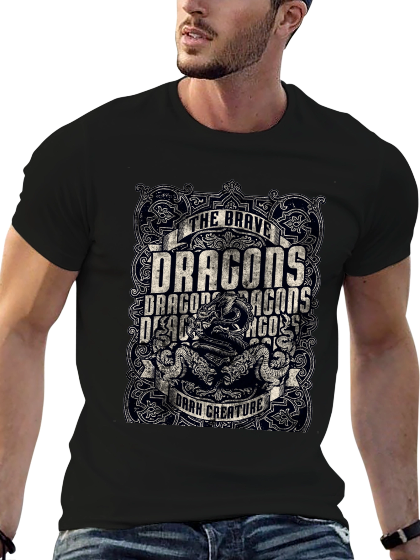 Brave Dragons Dark Creature Graphic Print Tee - Black