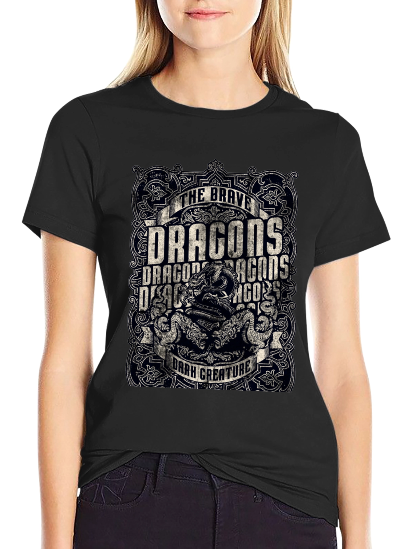 Brave Dragons Dark Creature Graphic Print Tee - Black
