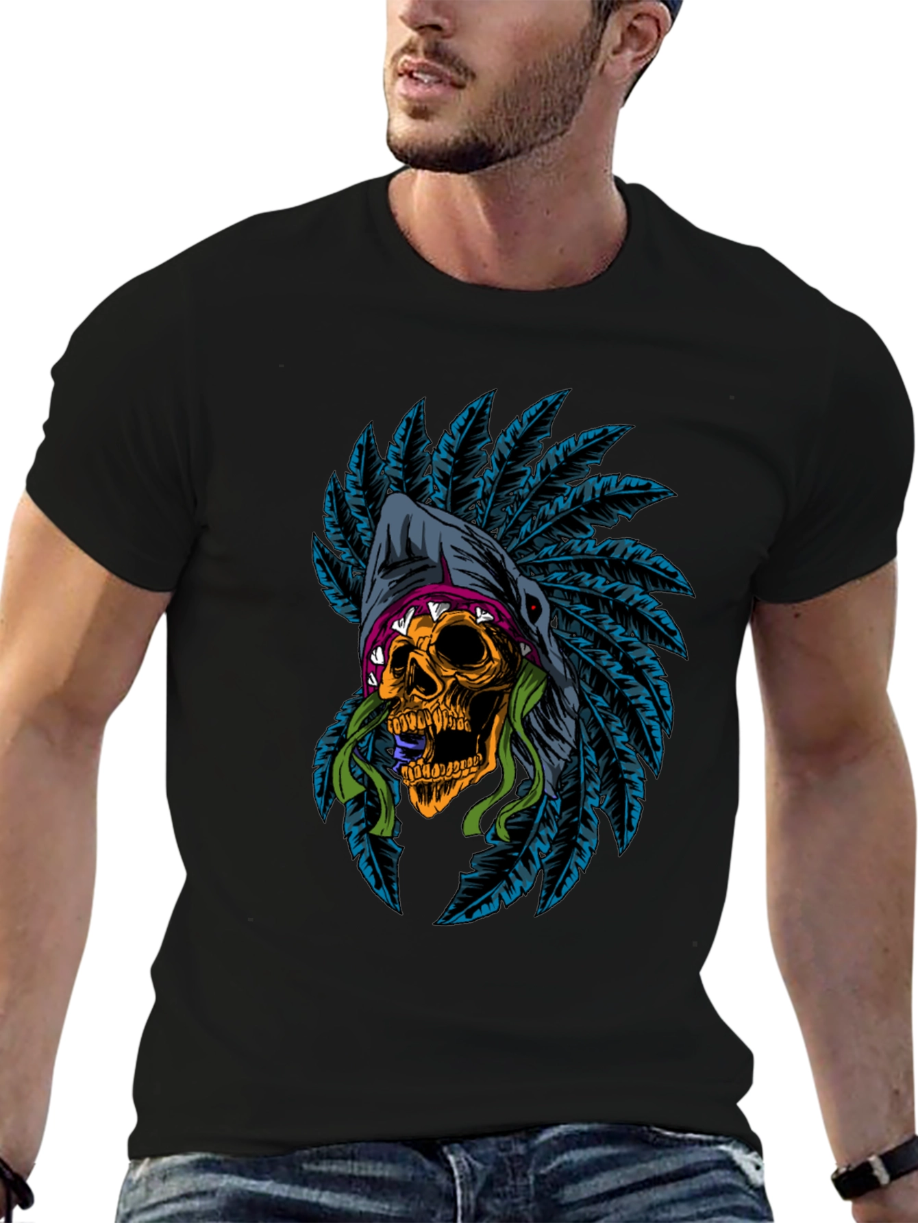 Skull Headdress Graphic Tee - Edgy Style