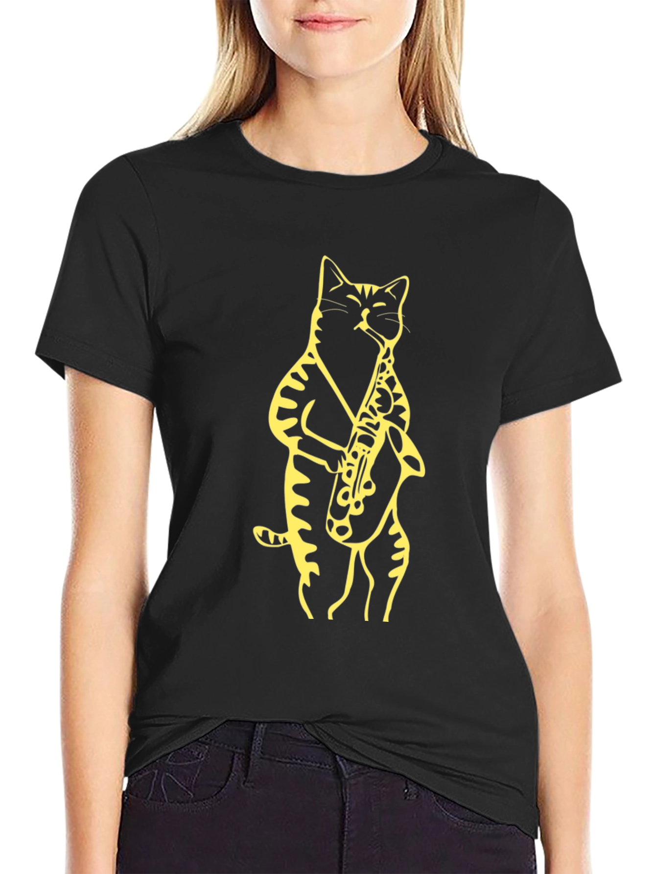 Cat Saxophone Black T-Shirt - Cool Musician Tee