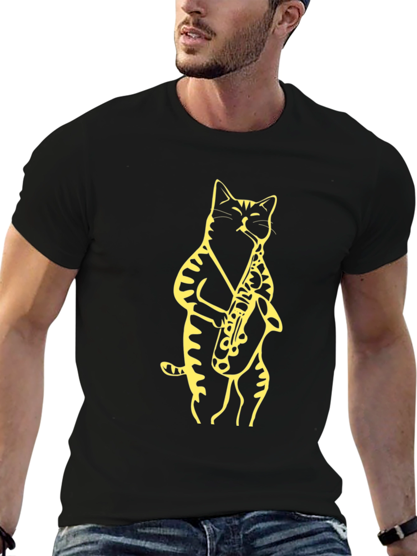 Cat Saxophone Black T-Shirt - Cool Musician Tee