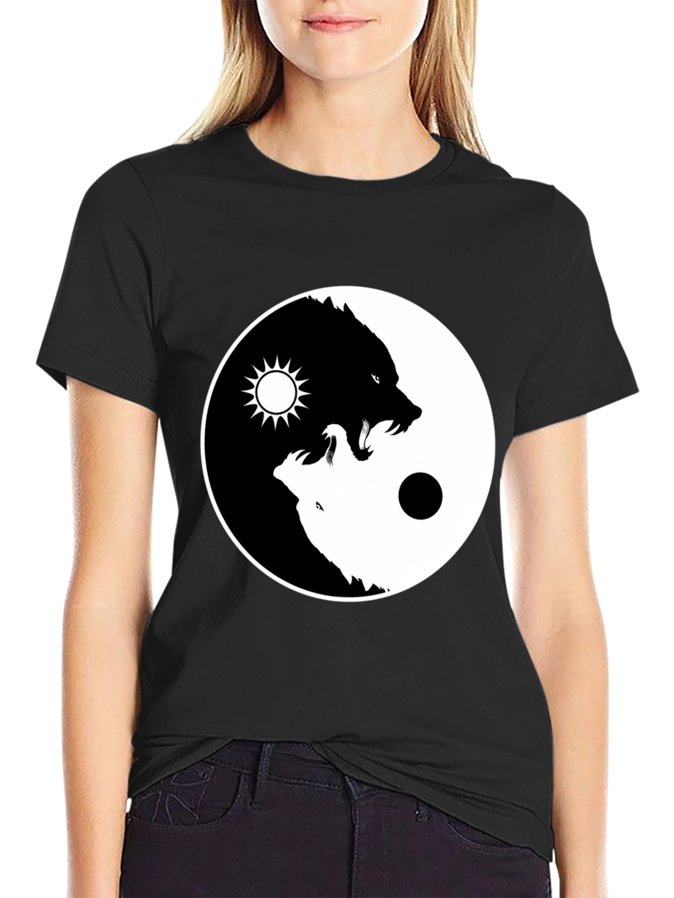 Yin Yang Wolf Graphic T-Shirt - Black