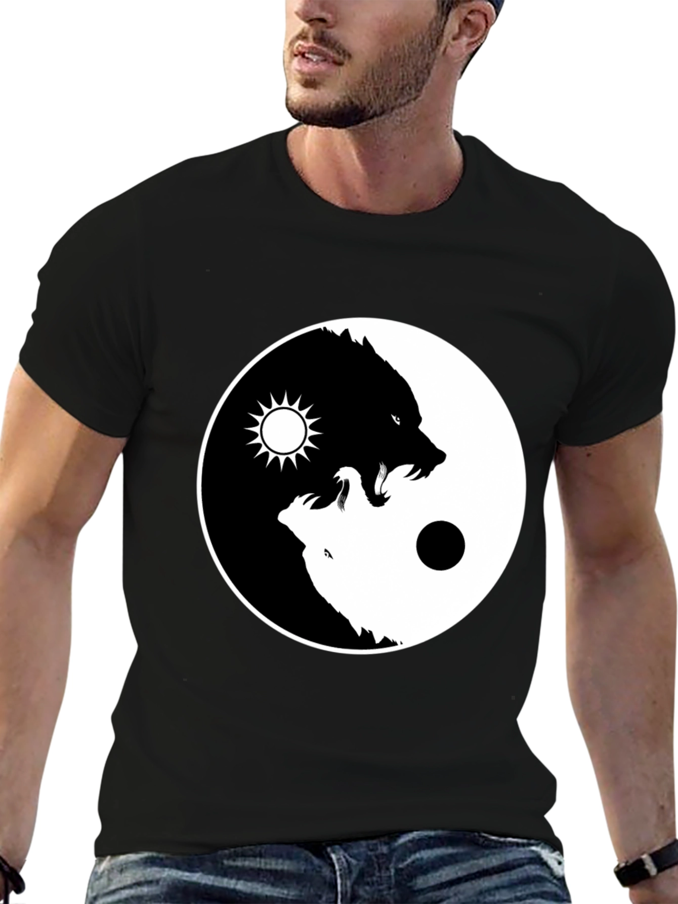 Yin Yang Wolf Graphic T-Shirt - Black