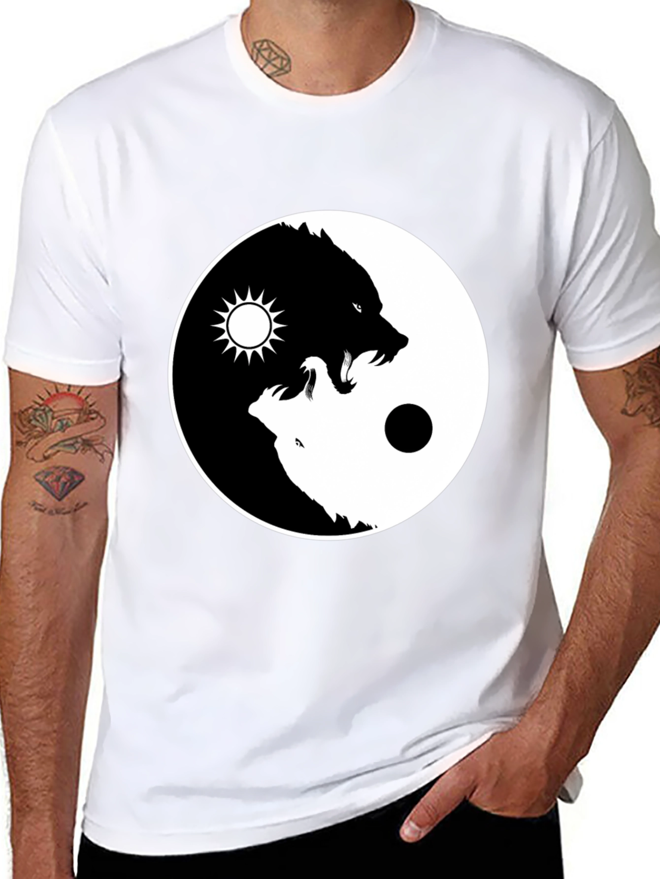 Yin Yang Wolf Graphic T-Shirt - Black