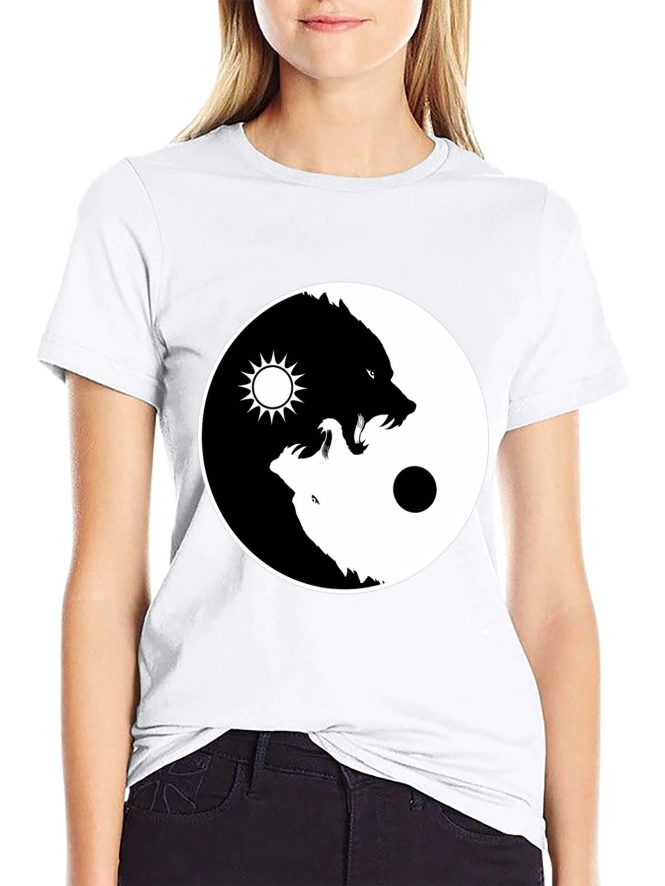 Yin Yang Wolf Graphic T-Shirt - Black