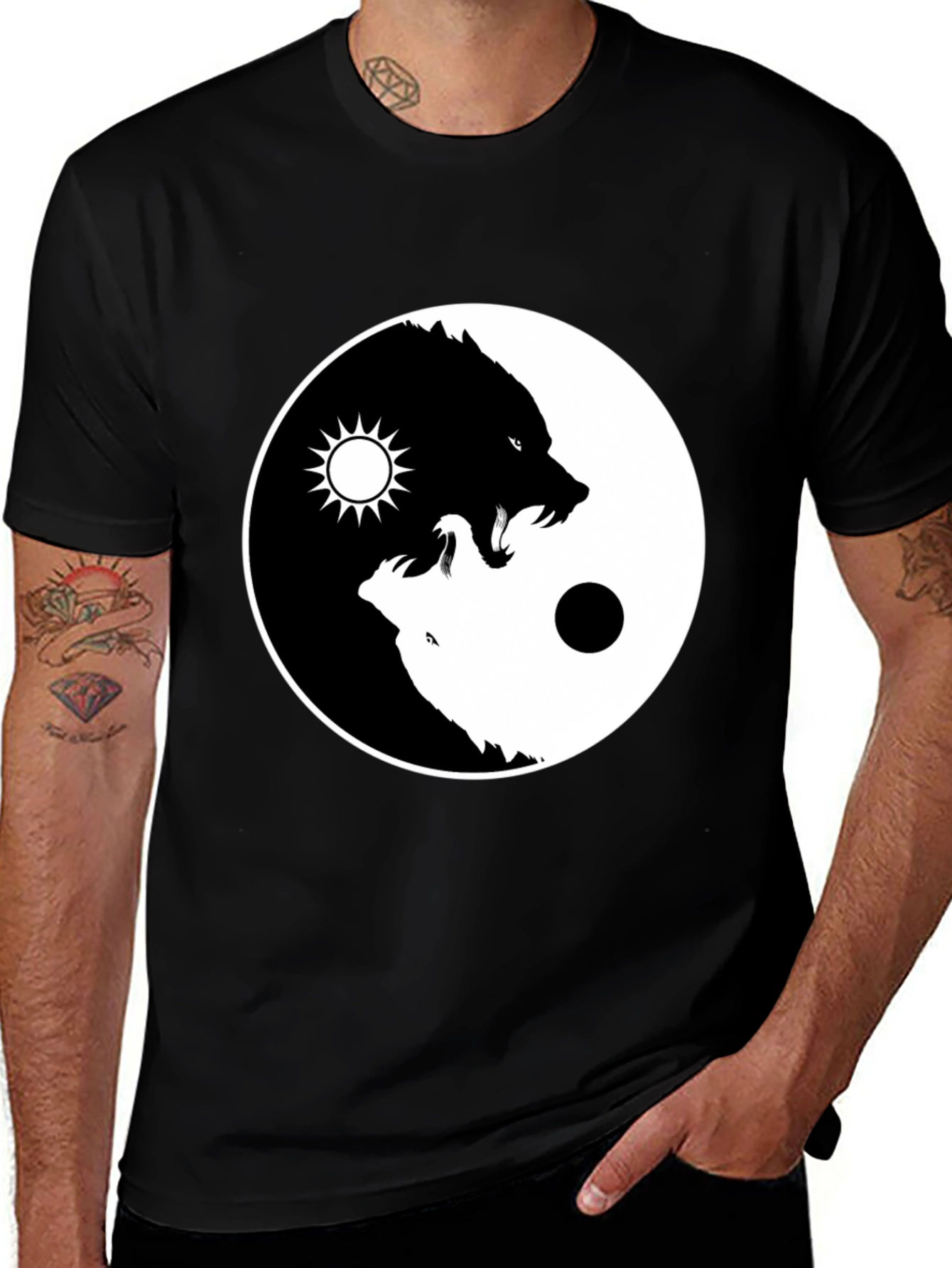 Yin Yang Wolf Graphic T-Shirt - Black
