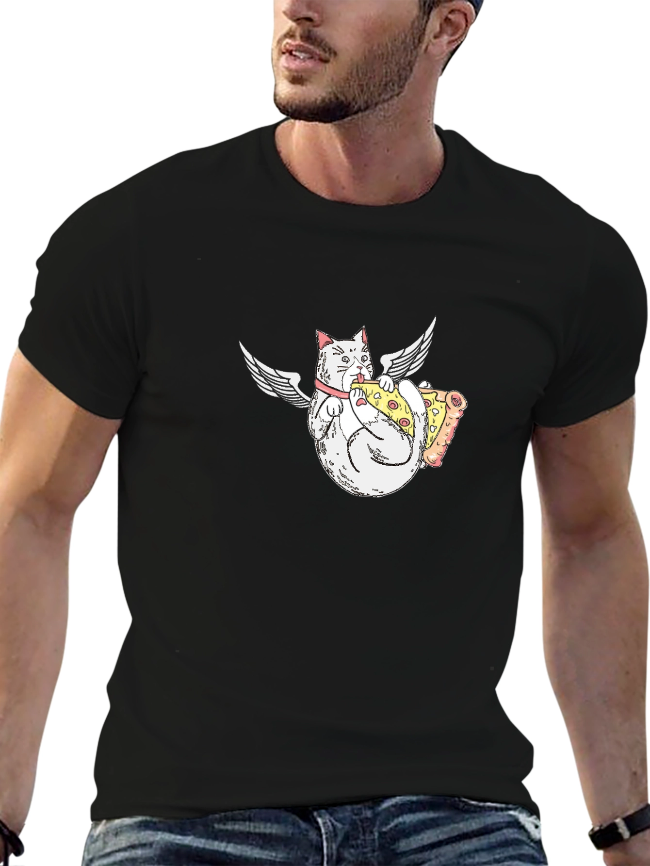 Angel Cat Eating Pizza Graphic T-Shirt
