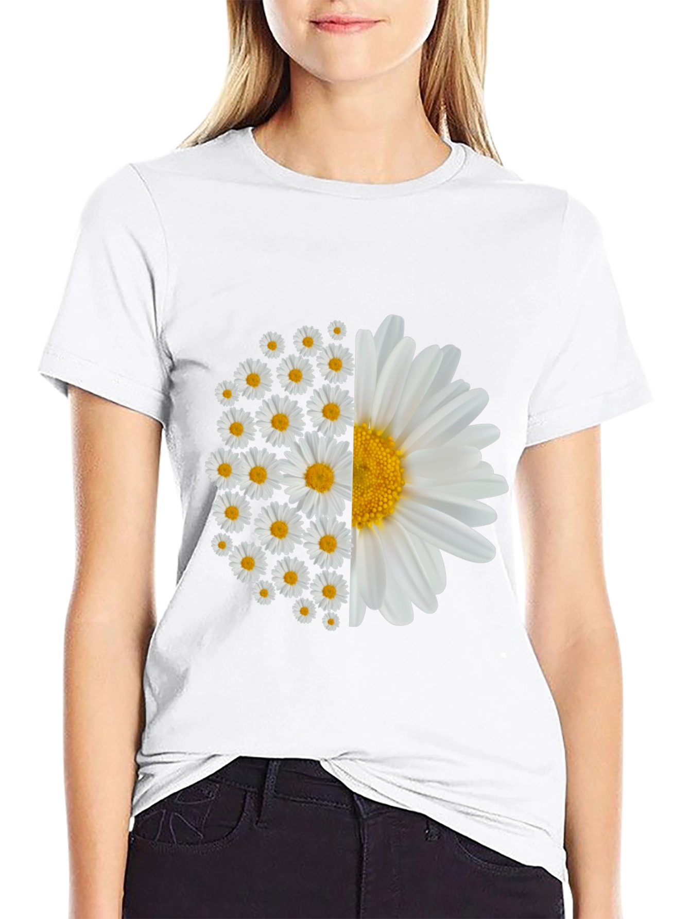 Daisy Flower Graphic Tee - Black Cotton Blend