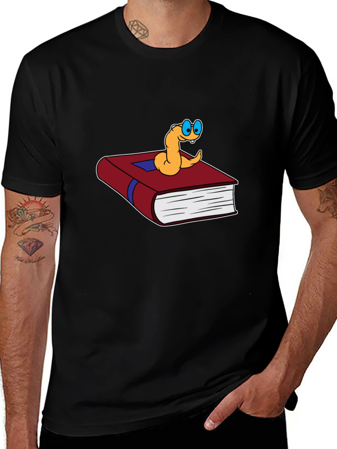 Bookworm Cartoon Graphic Tee - Black Cotton