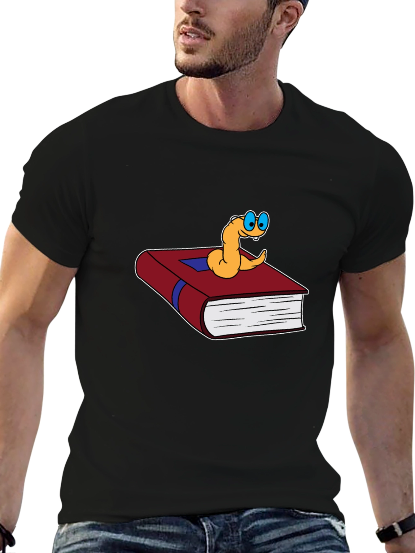 Bookworm Cartoon Graphic Tee - Black Cotton