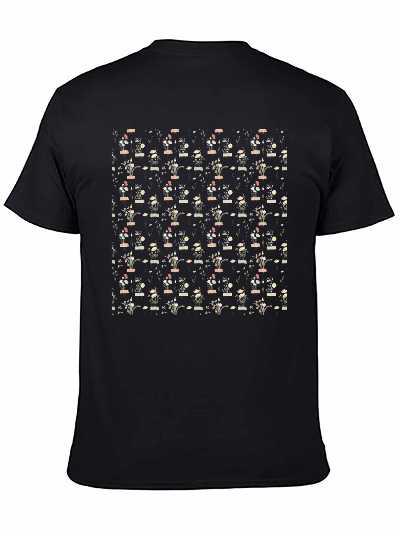 Floral Vase Pattern Black T-Shirt