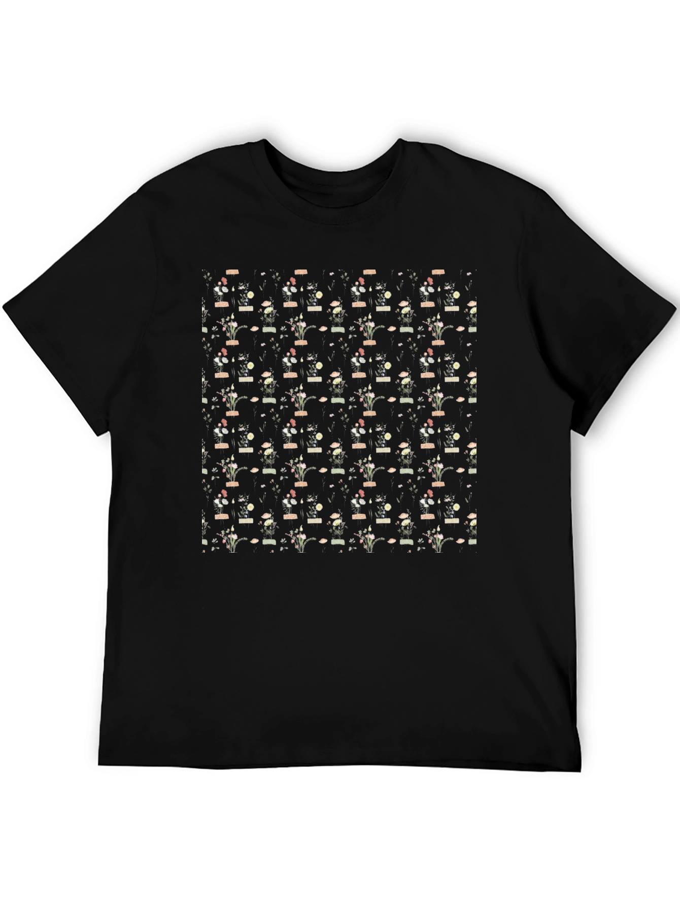 Floral Vase Pattern Black T-Shirt