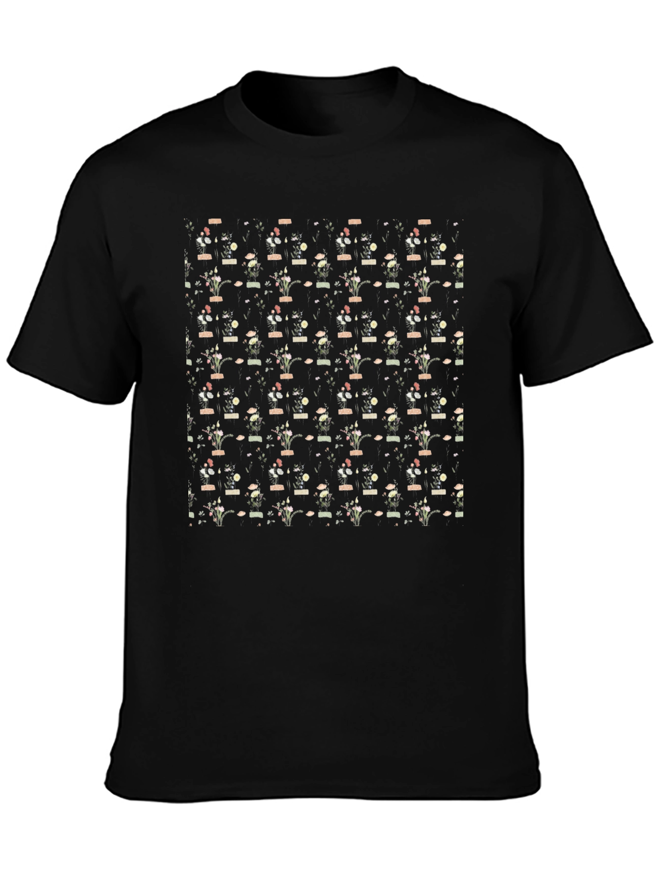 Floral Vase Pattern Black T-Shirt